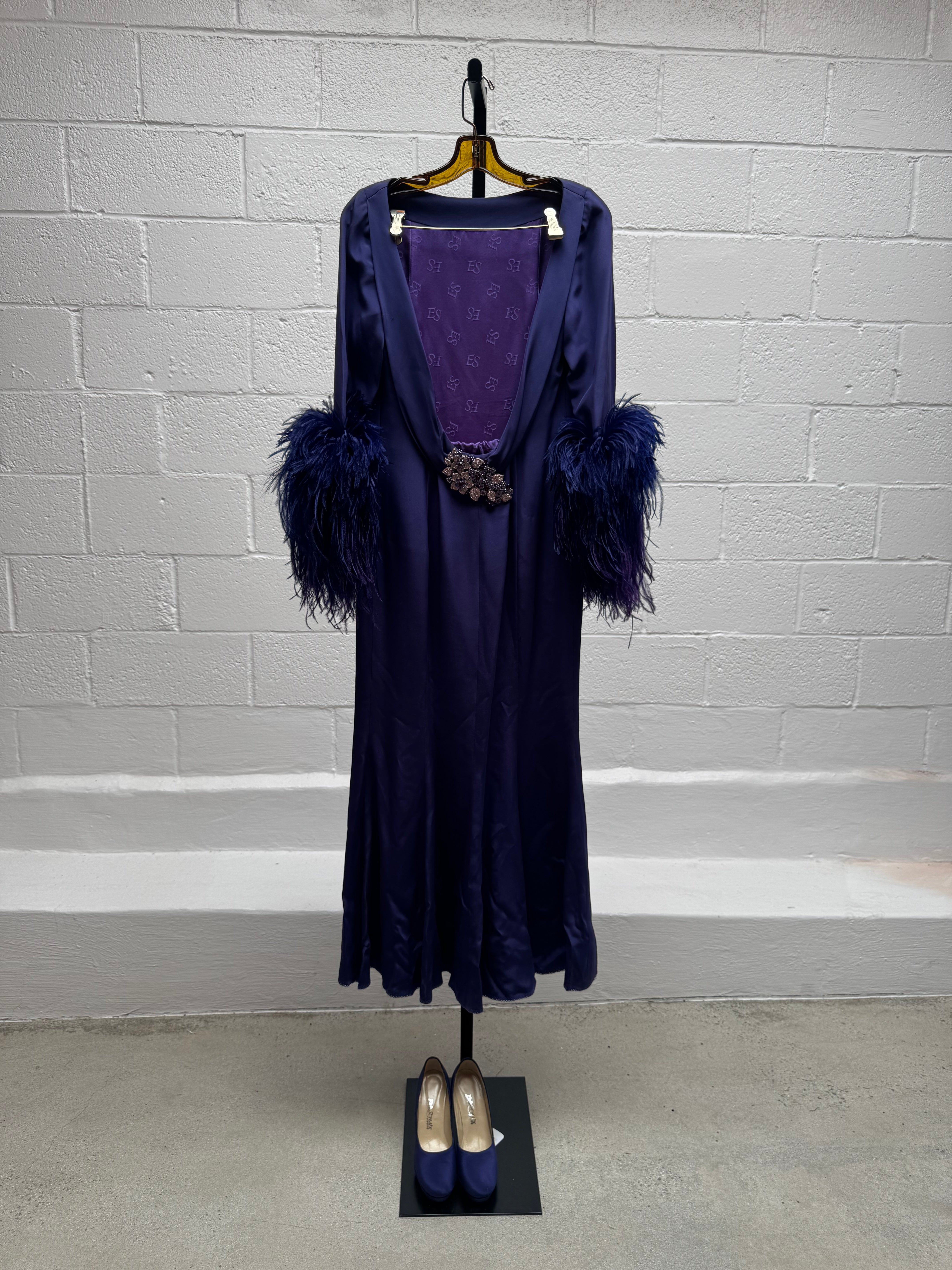 Blue Dress with Feathered Sleeves and Shoes