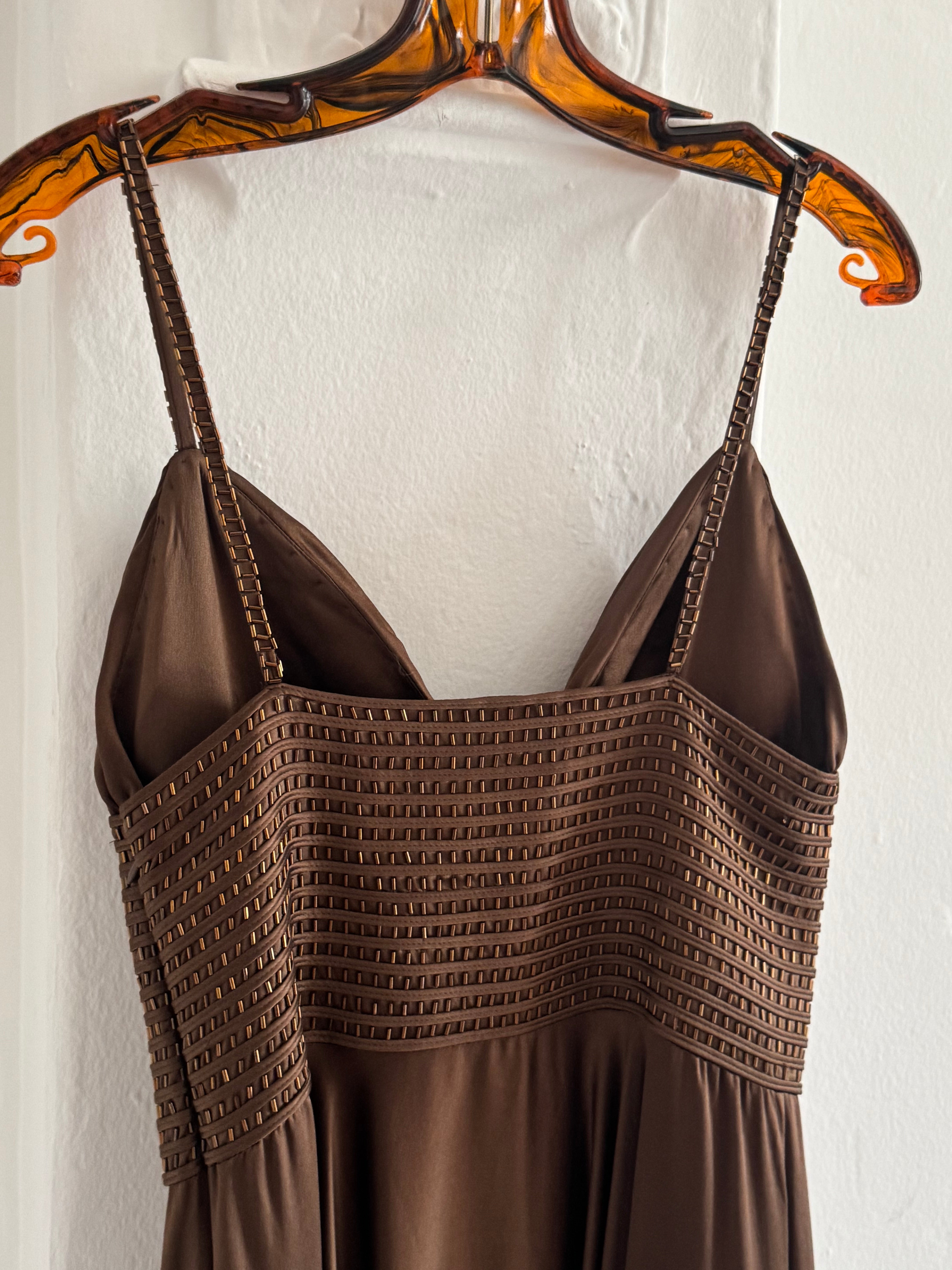 Chocolate Brown Silk Dress with Beaded Bodice