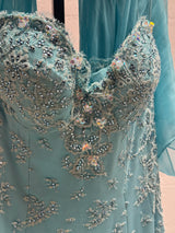Blue Beaded Corseted Gown with Scarf