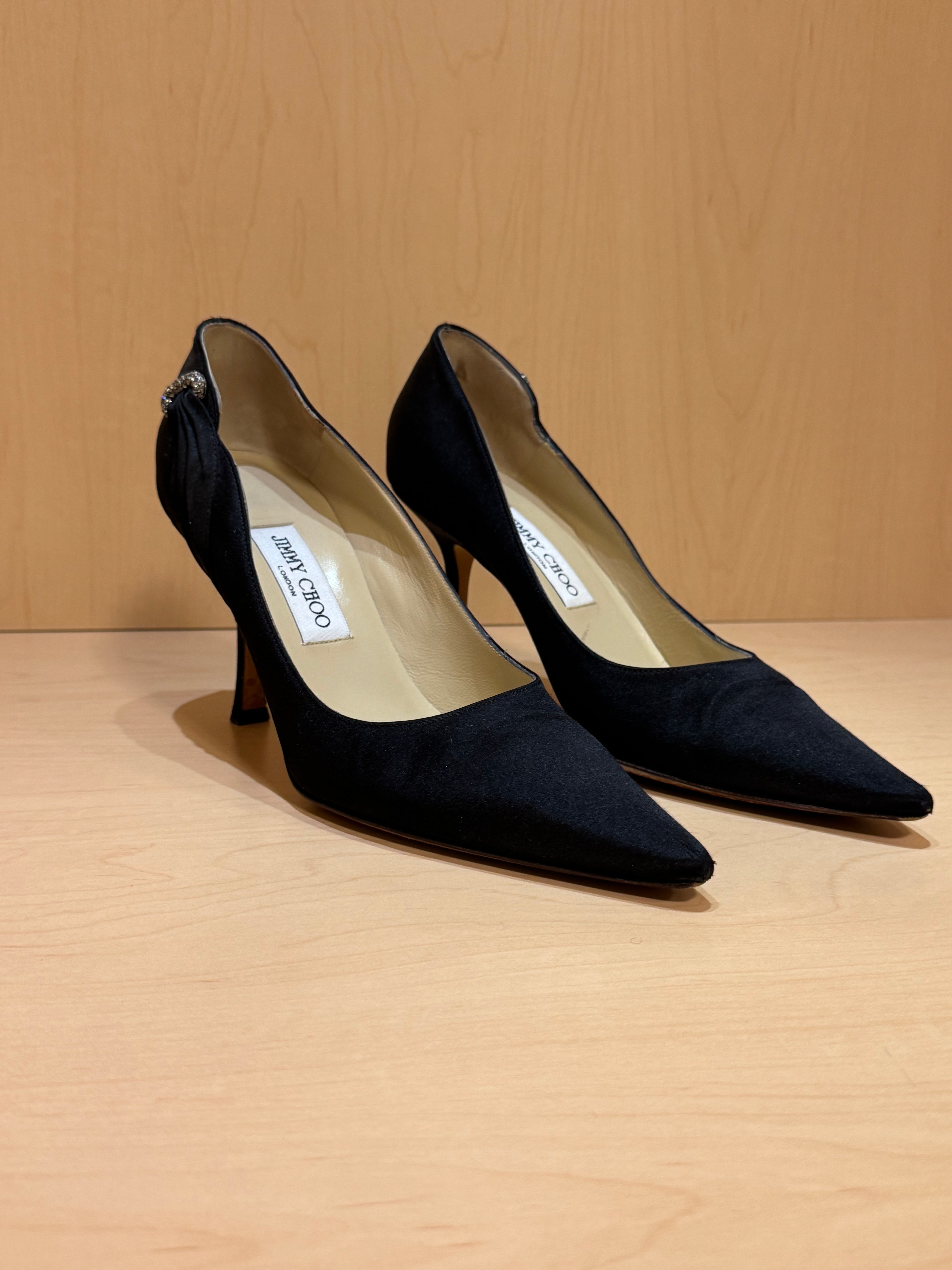 Black Satin Pumps with Crystal Embellishment (39)