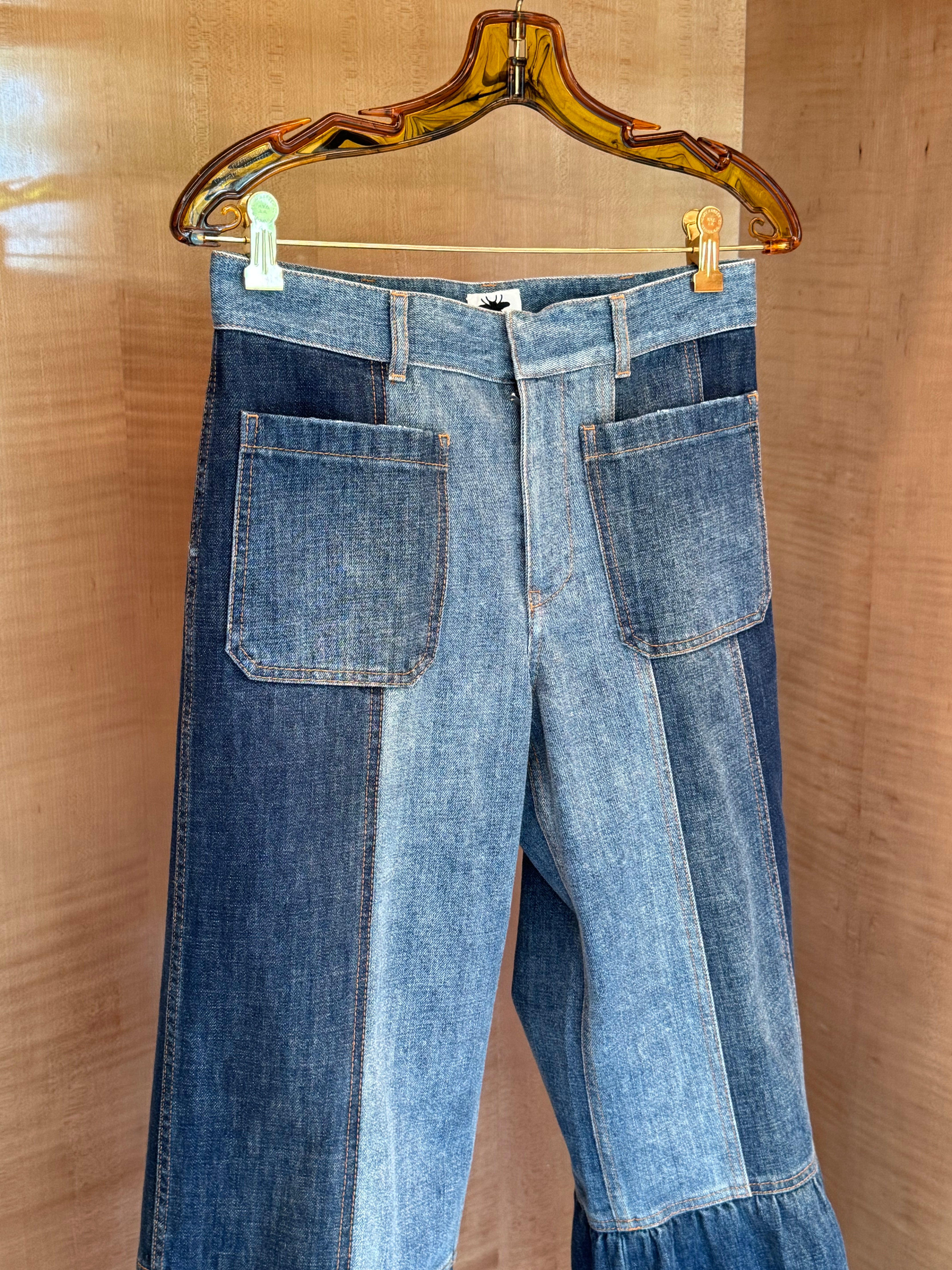 Jeans with Patchwork and Flare Bell Bottoms