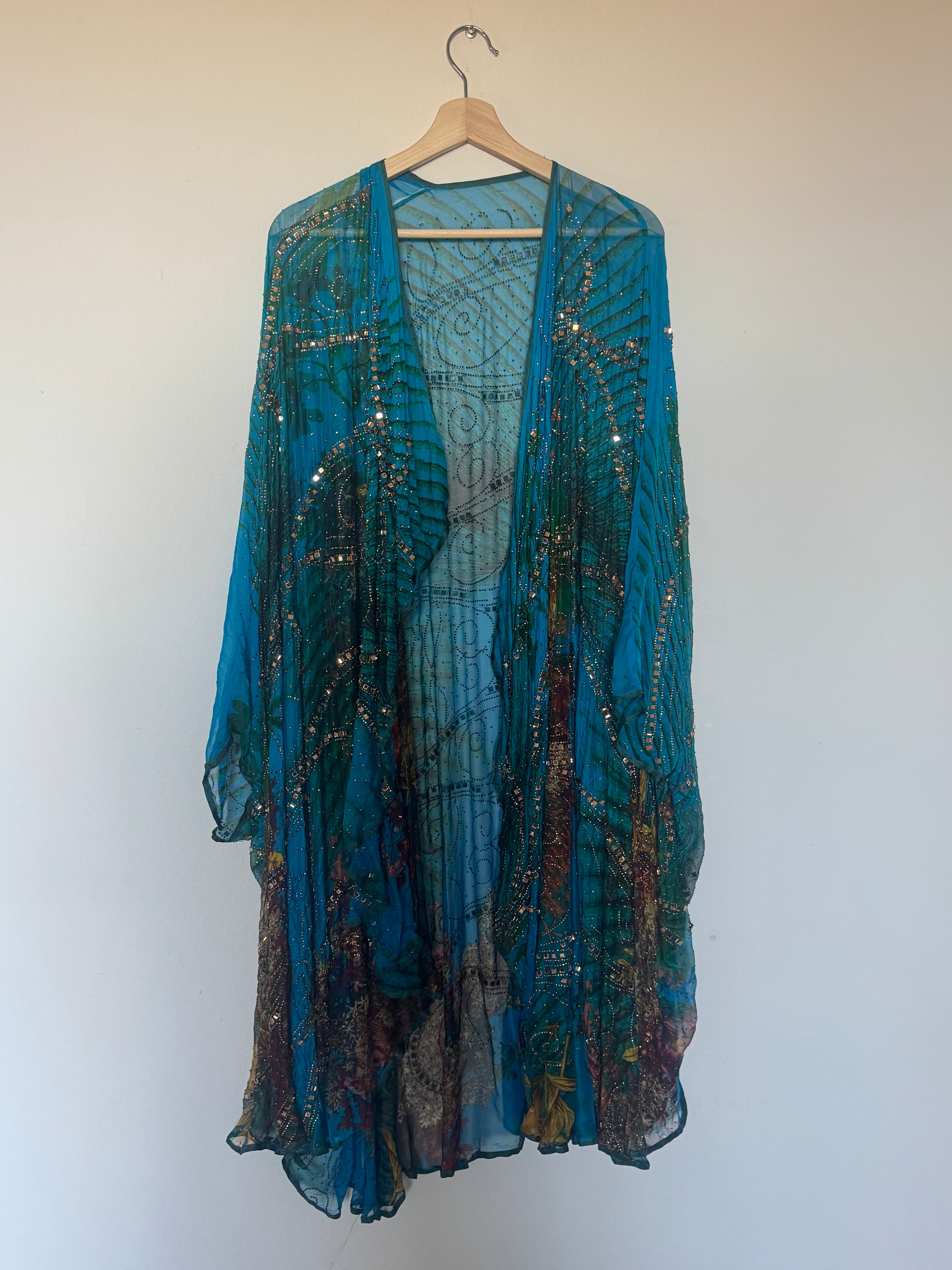 Aqua Poncho with Gold Beading
