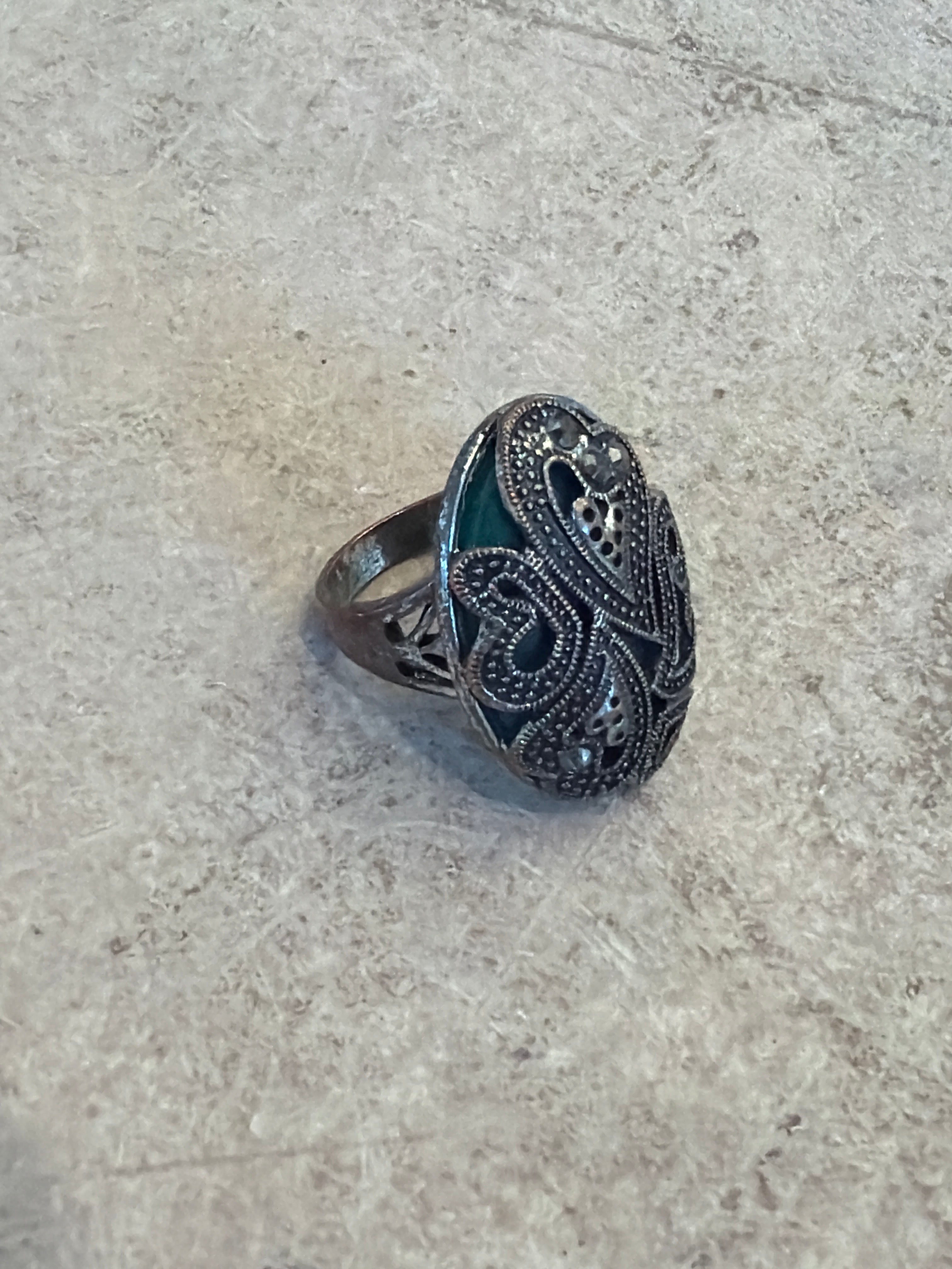 Ornate Silver & Green Onyx Statement Ring