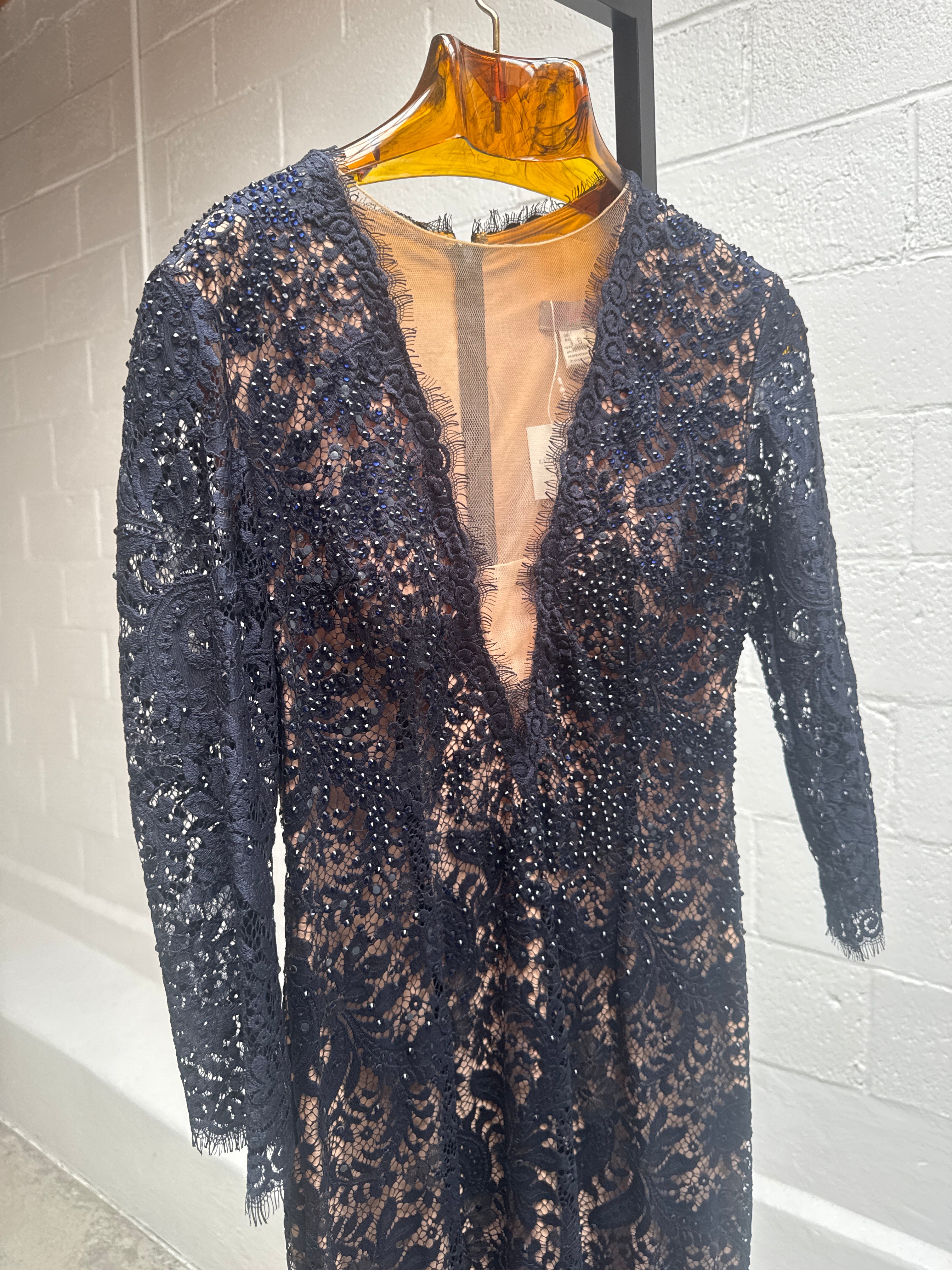 Navy Blue Lace Evening Gown