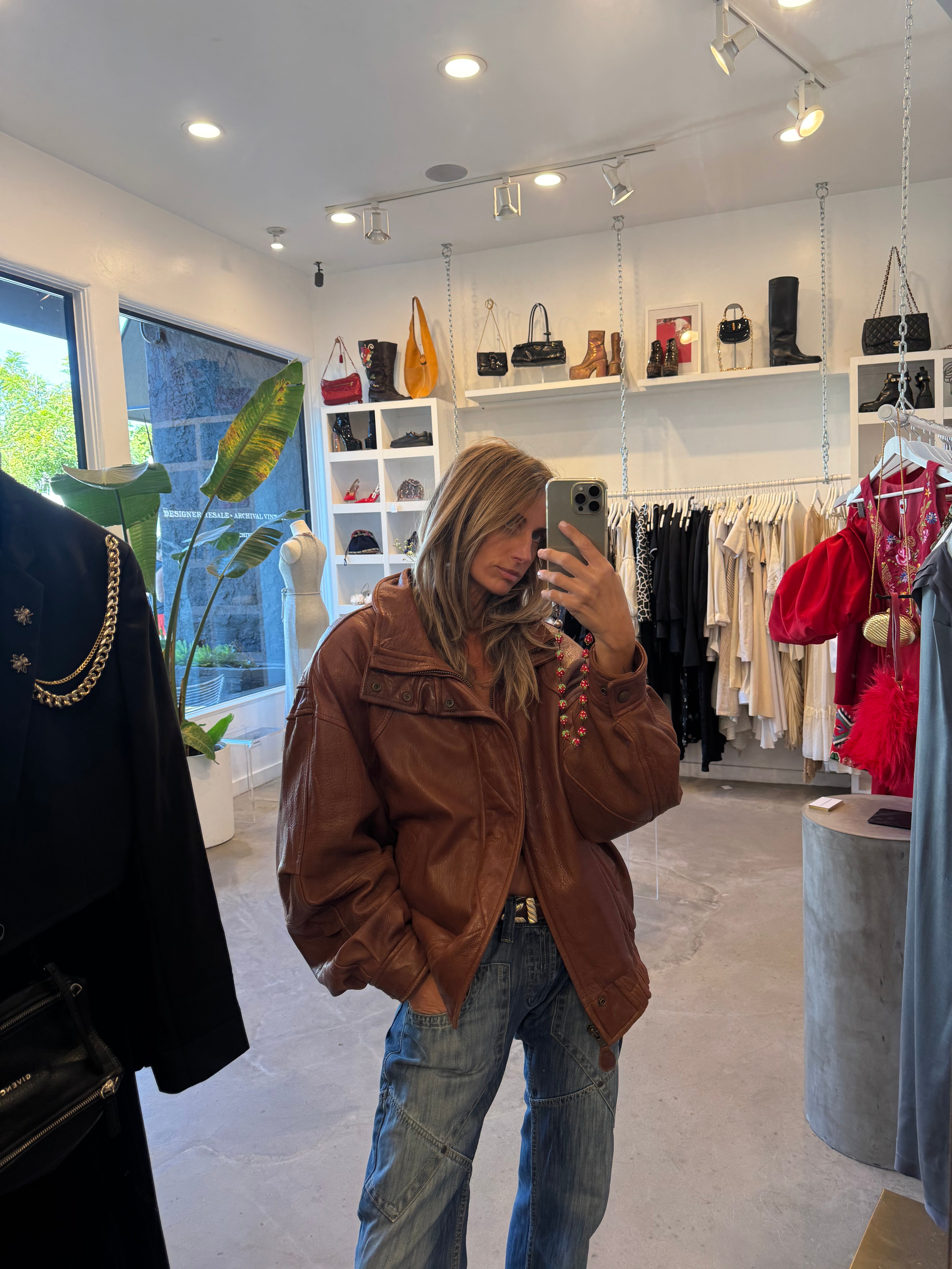 Oversized Brown Leather Bomber Jacket