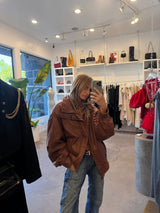 Oversized Brown Leather Bomber Jacket