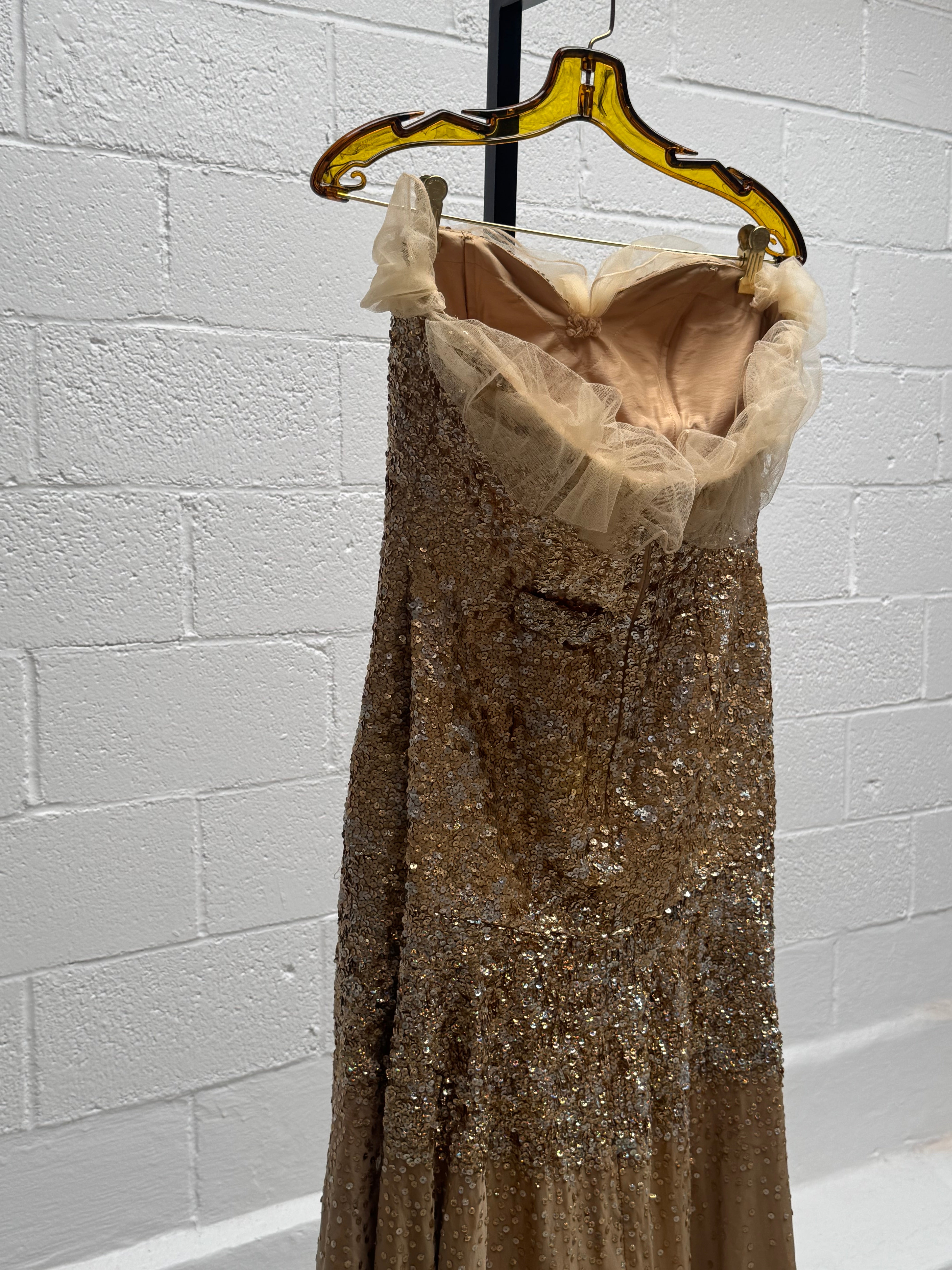 Gold Sequin Strapless Long Gown