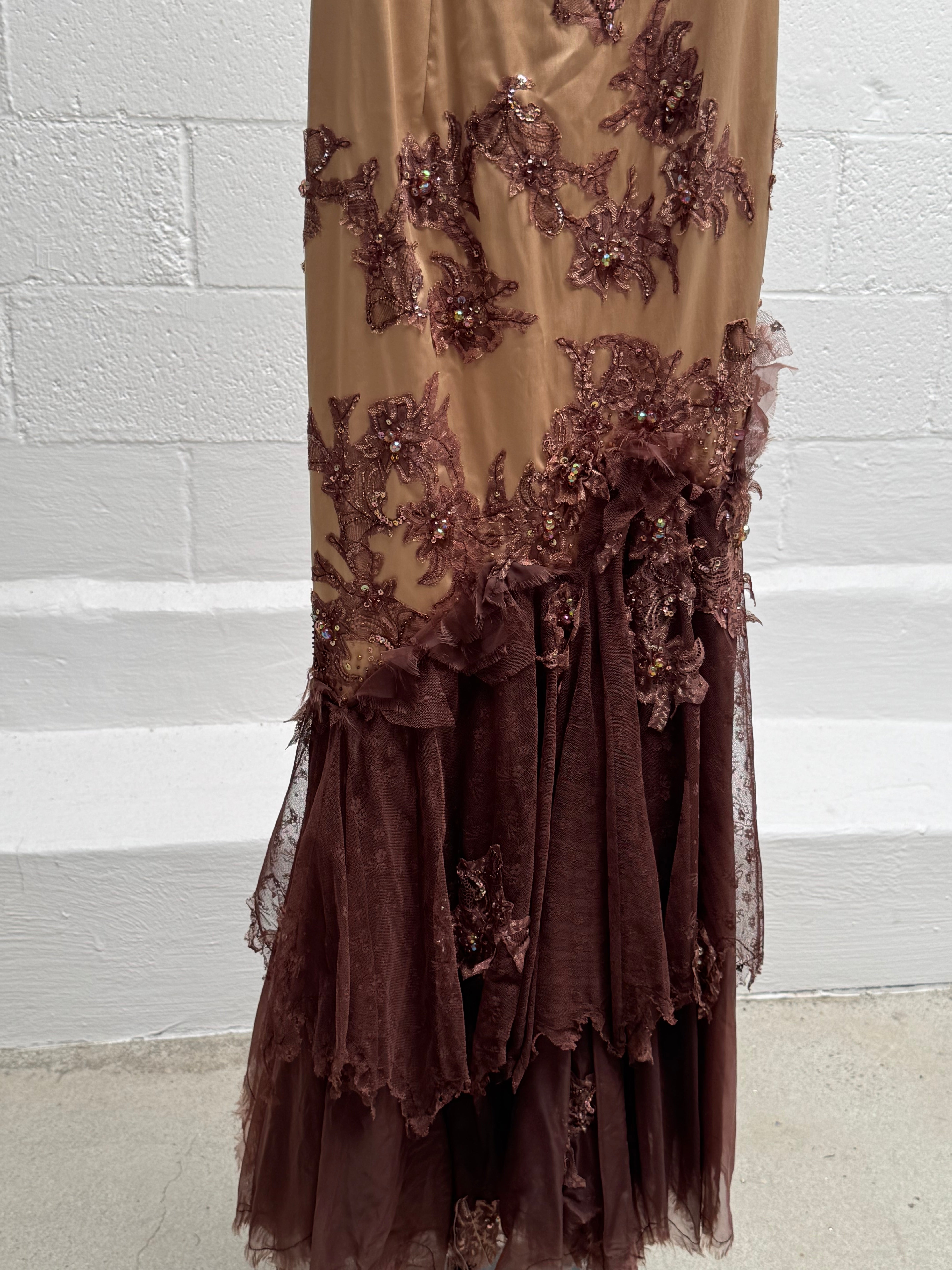 Bronze Dress with floral beading and Chiffon Train