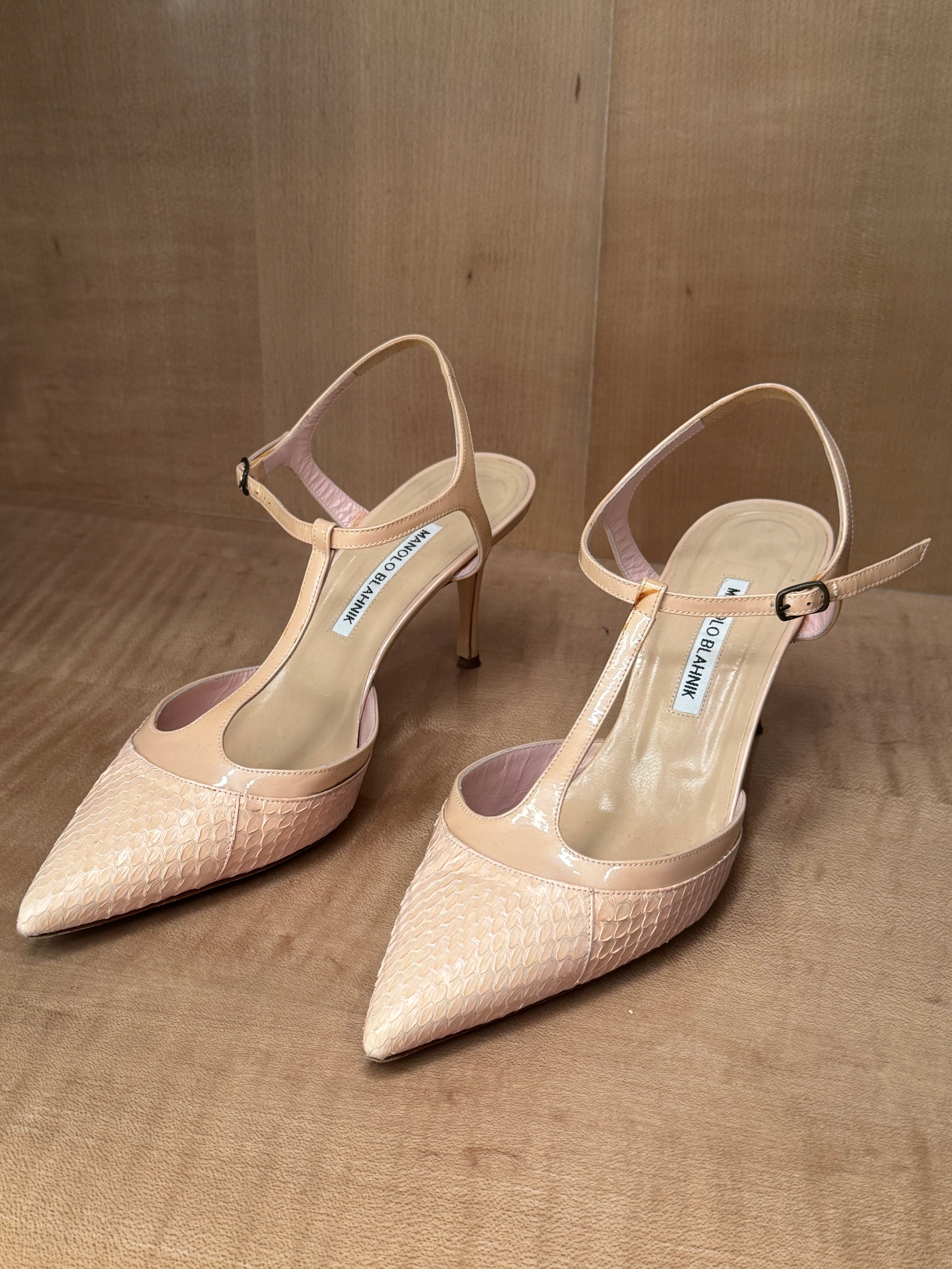 Blush Snakeskin-Embossed T-Strap Heels (39.5)