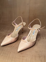 Blush Snakeskin-Embossed T-Strap Heels (39.5)