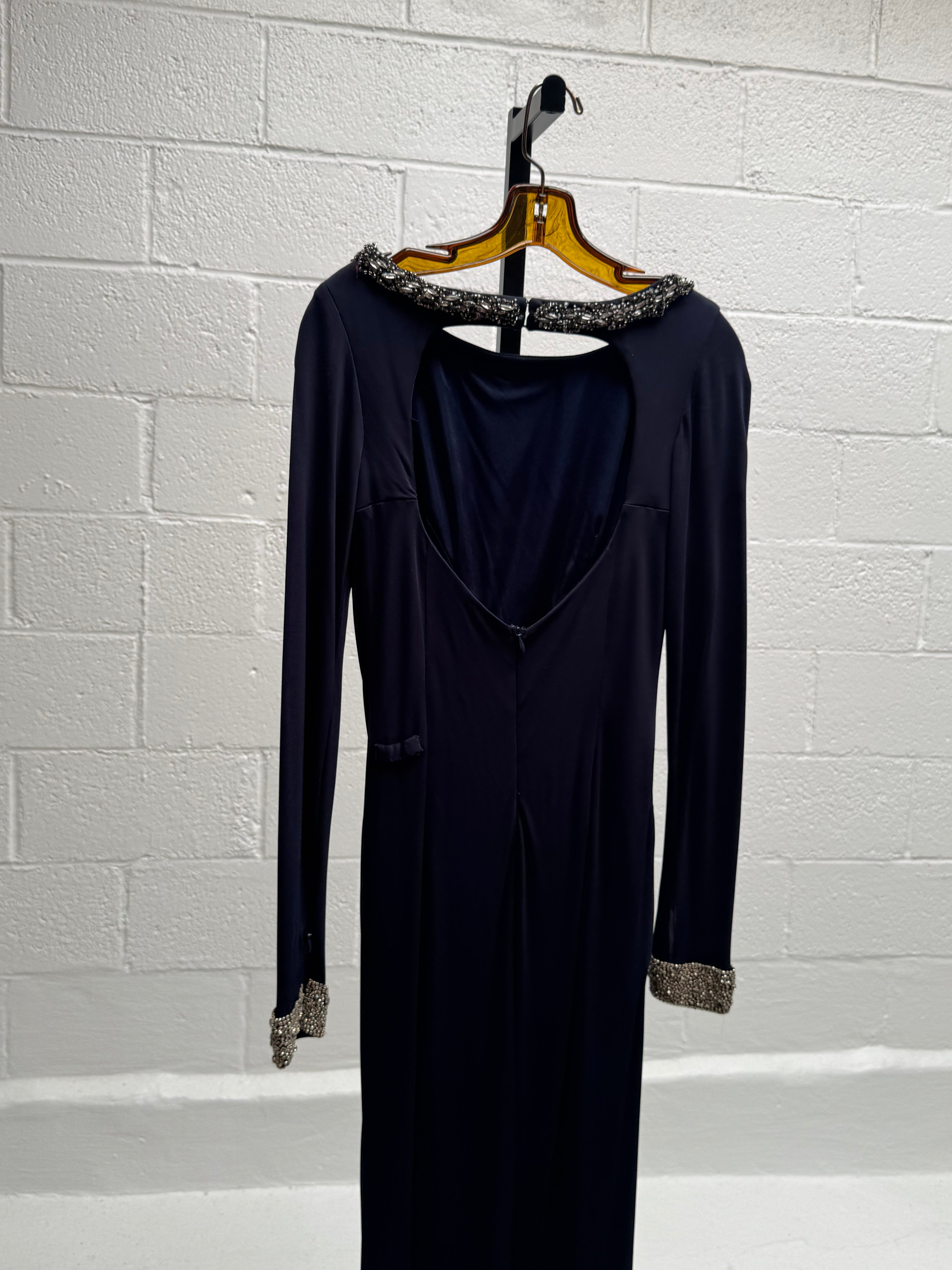 Navy Blue Gown with Rhinestone Collar, cuffs & An Open Back