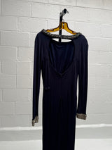 Navy Blue Gown with Rhinestone Collar, cuffs & An Open Back