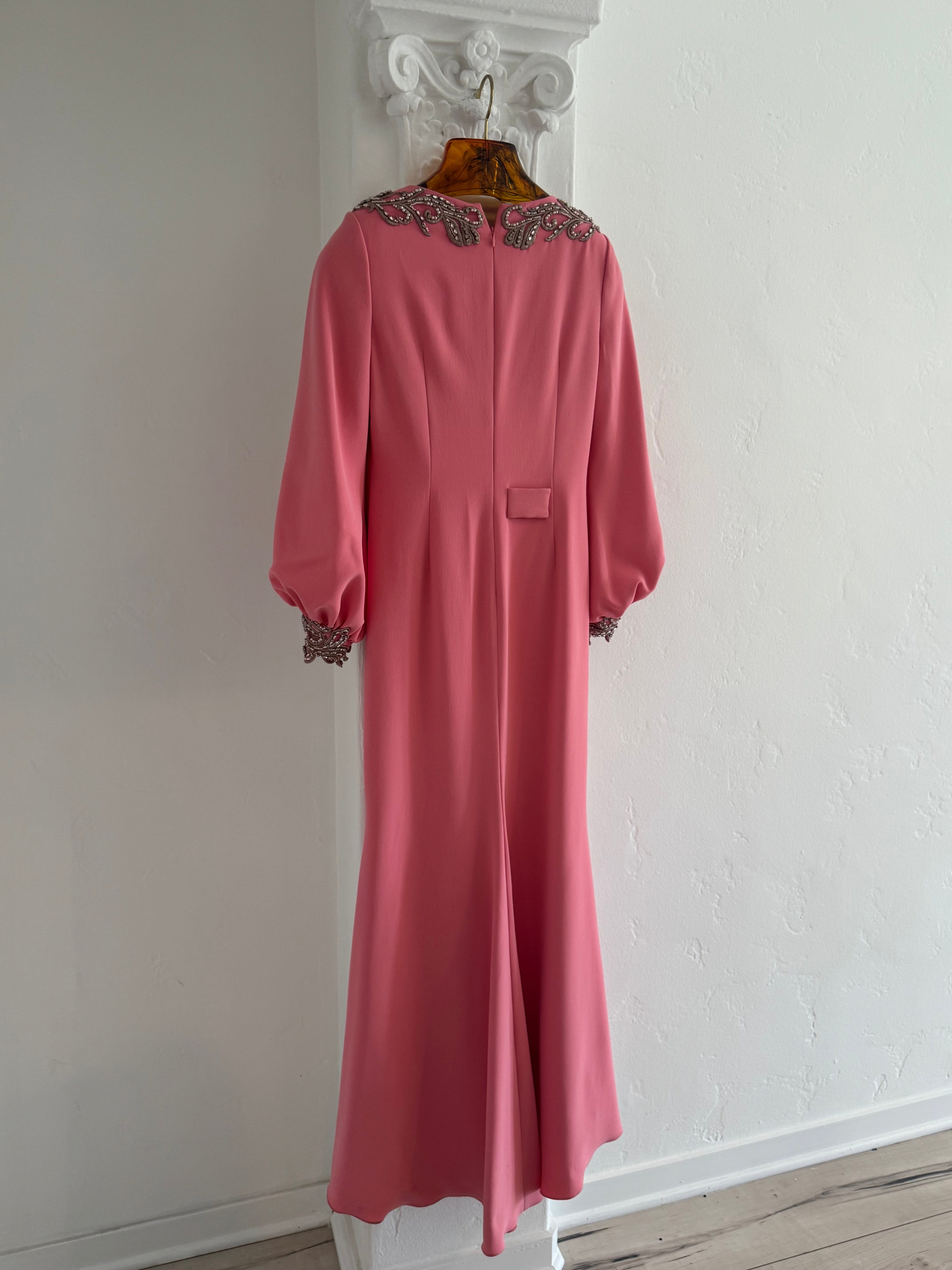 Pink Beaded Gown with Rhinestone Embellishment