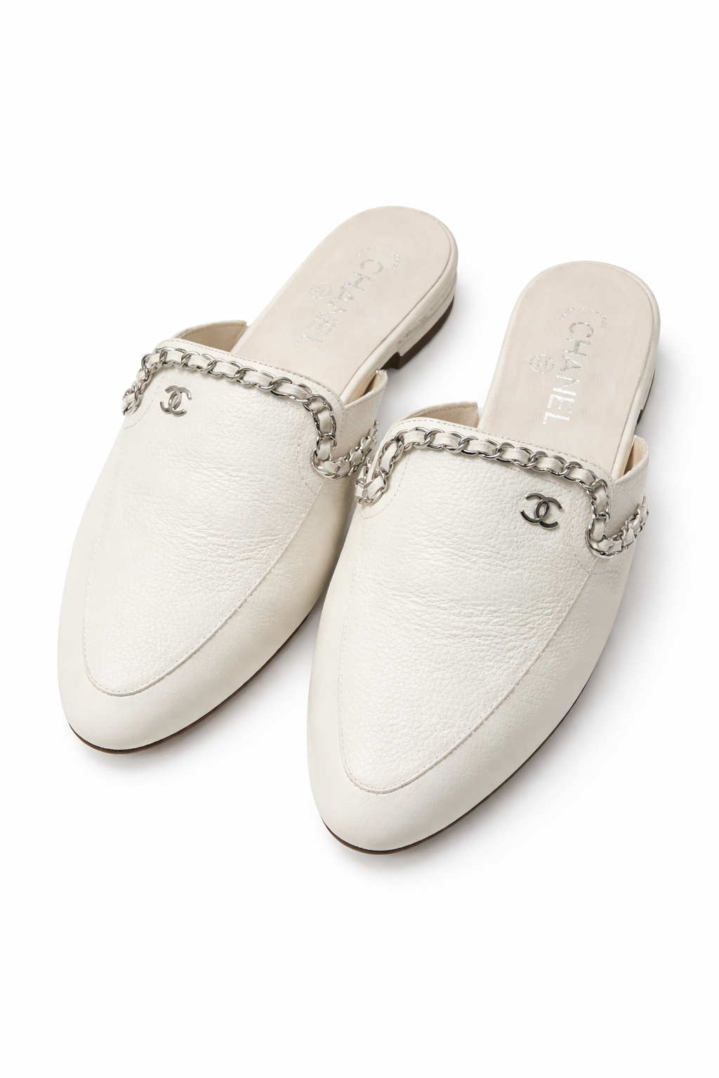 White Leather Slides with Chain Detail