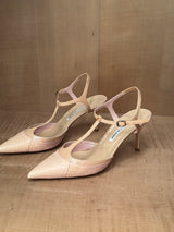 Blush Snakeskin-Embossed T-Strap Heels (39.5)