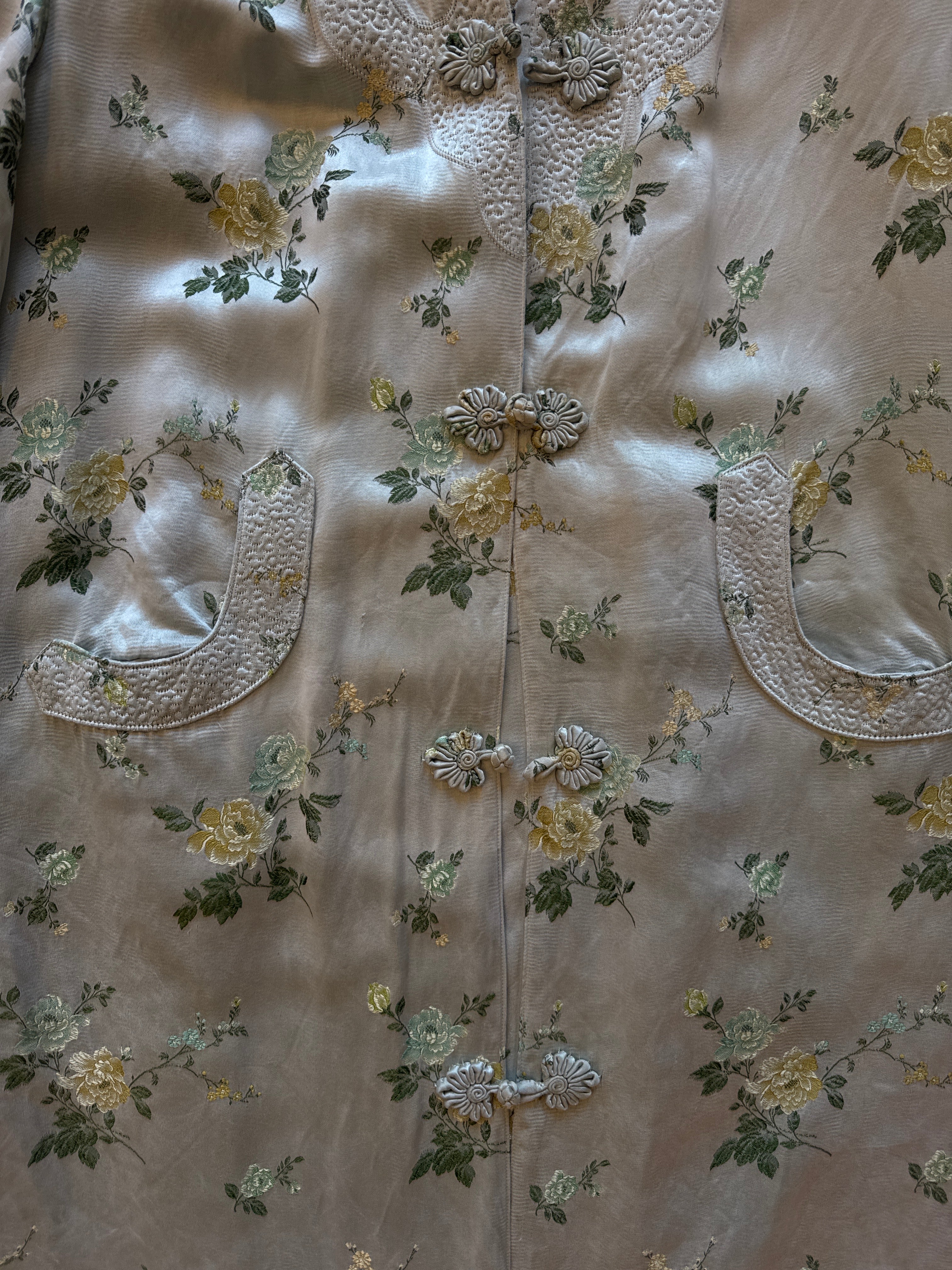 Silver Blue Rose Print Silk Jacket