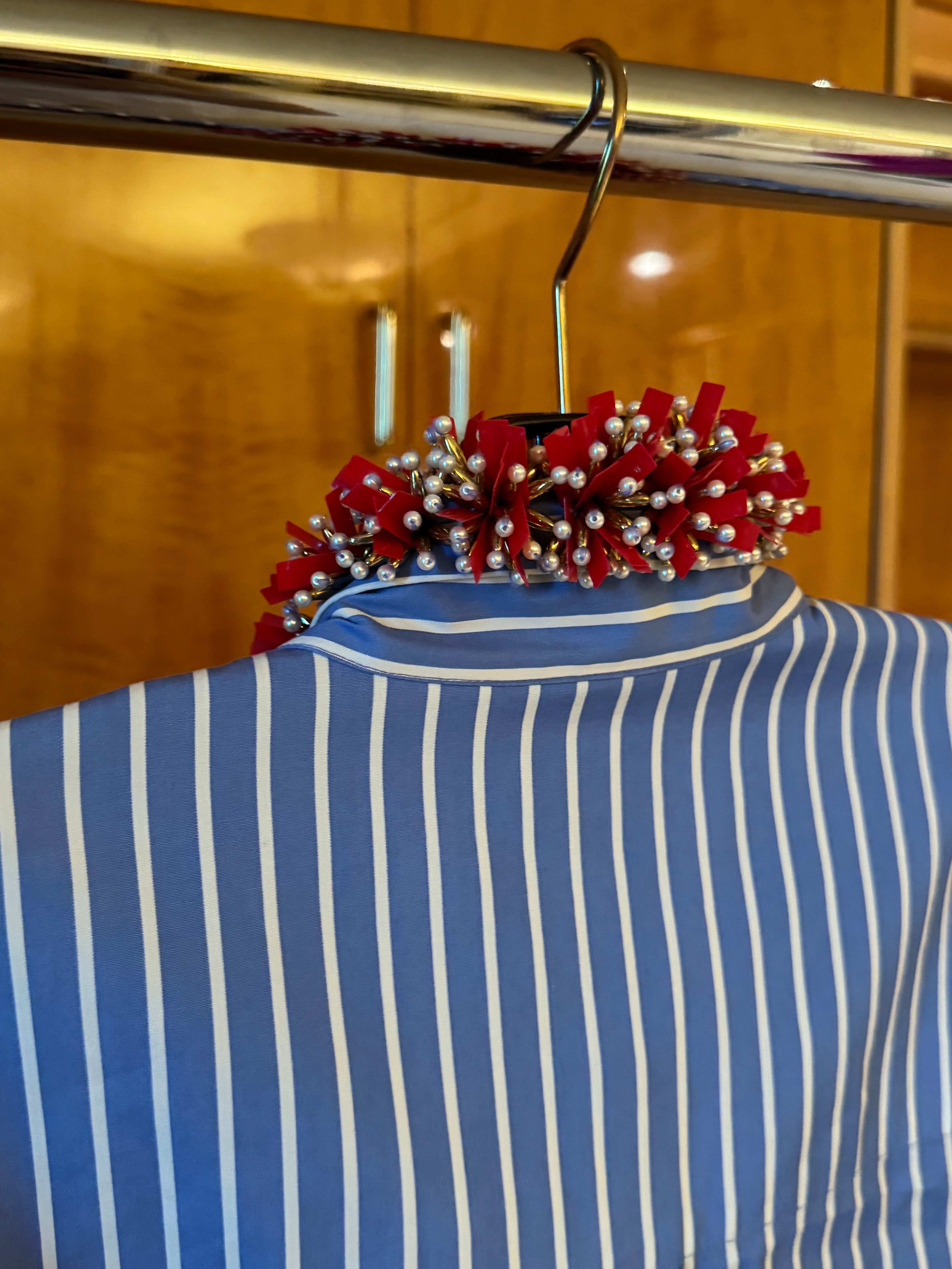 Blue Striped Front tie Shirt with Red Beading
