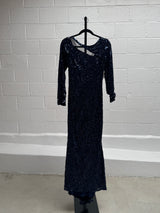 Blue Lace and Sequins Navy Gown with Cut Out Front