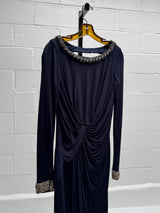 Navy Blue Gown with Rhinestone Collar, cuffs & An Open Back