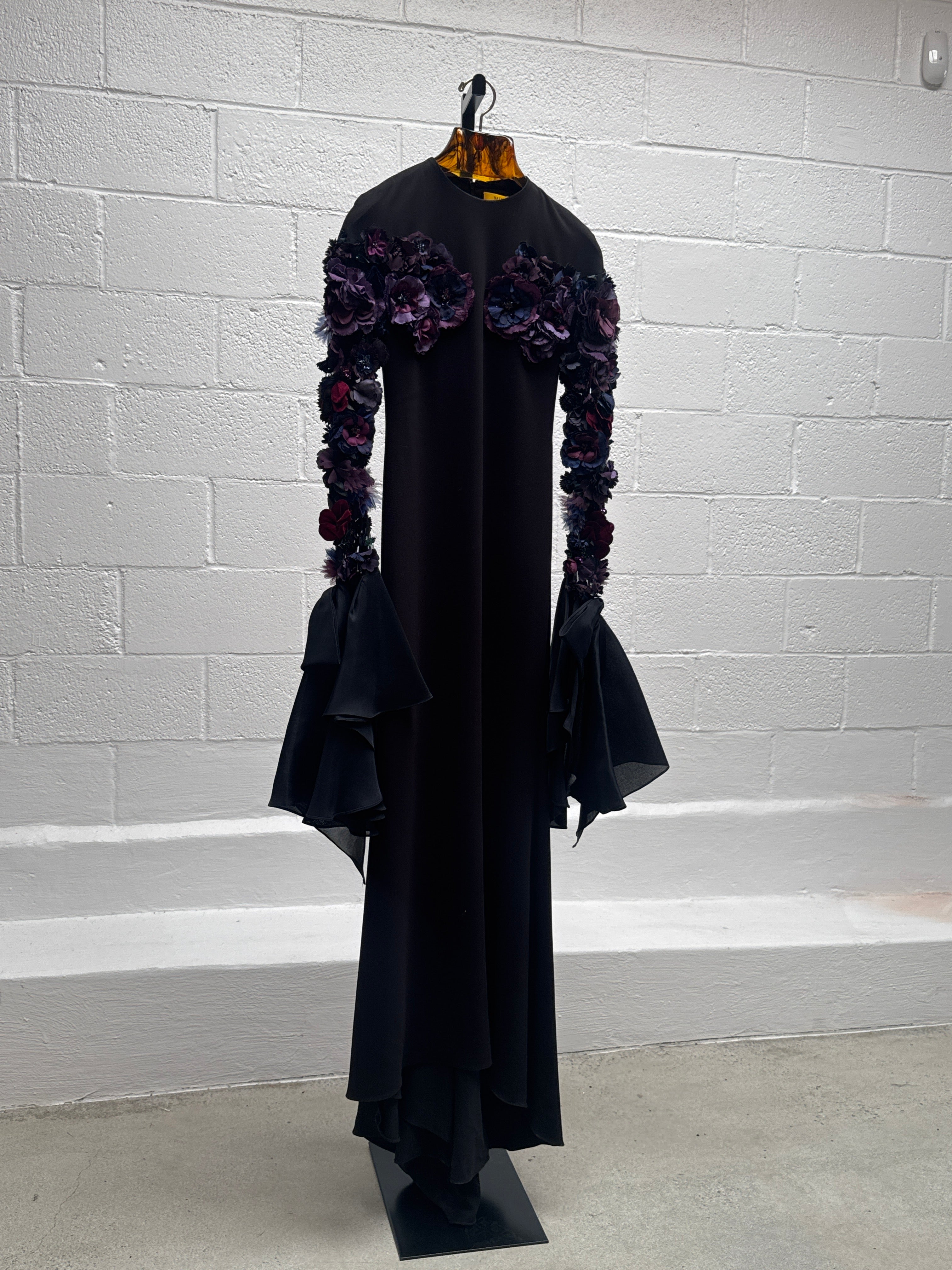 Black Gown with Floral Appliqué Sleeves