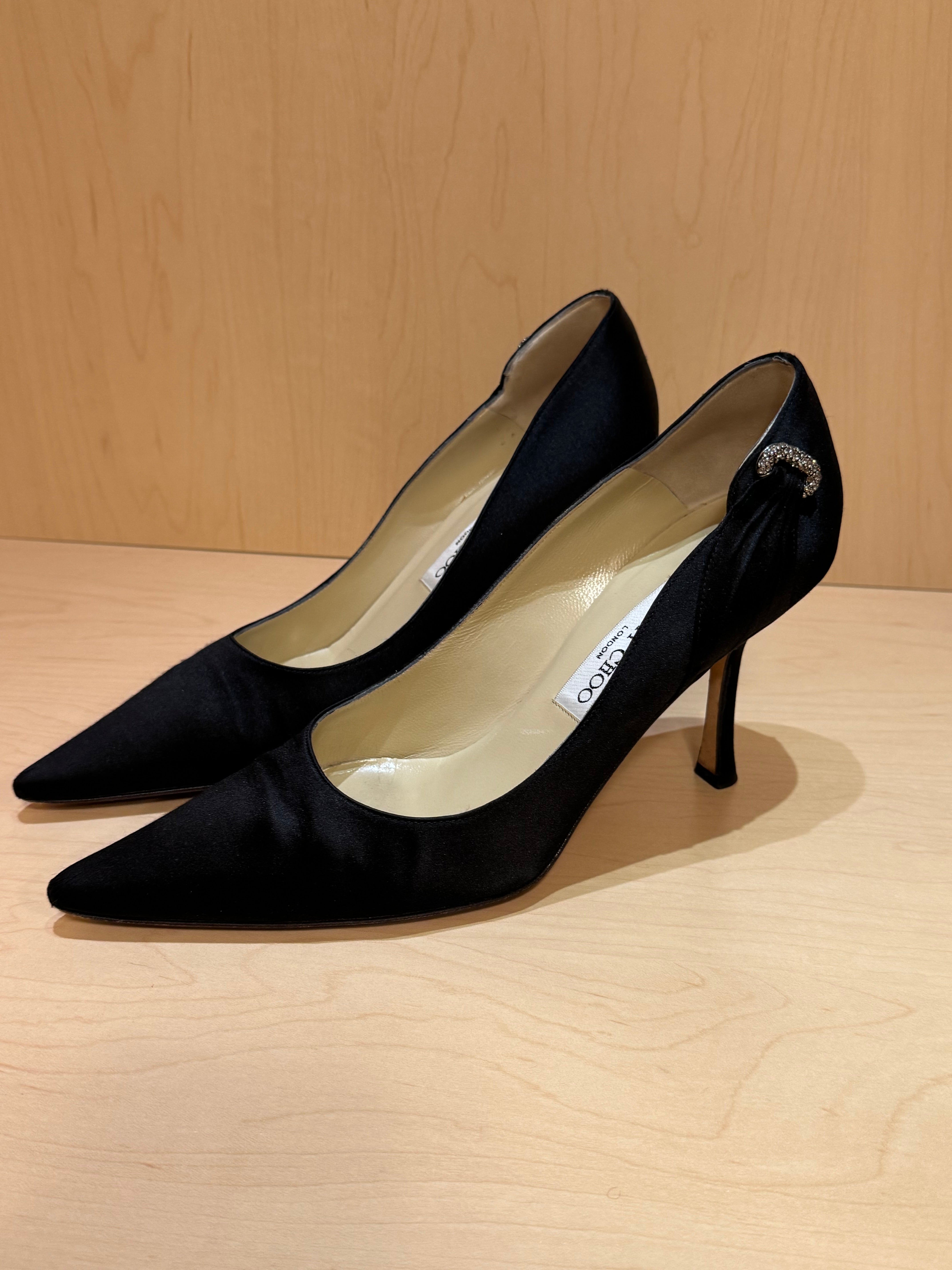 Black Satin Pumps with Crystal Embellishment (39)