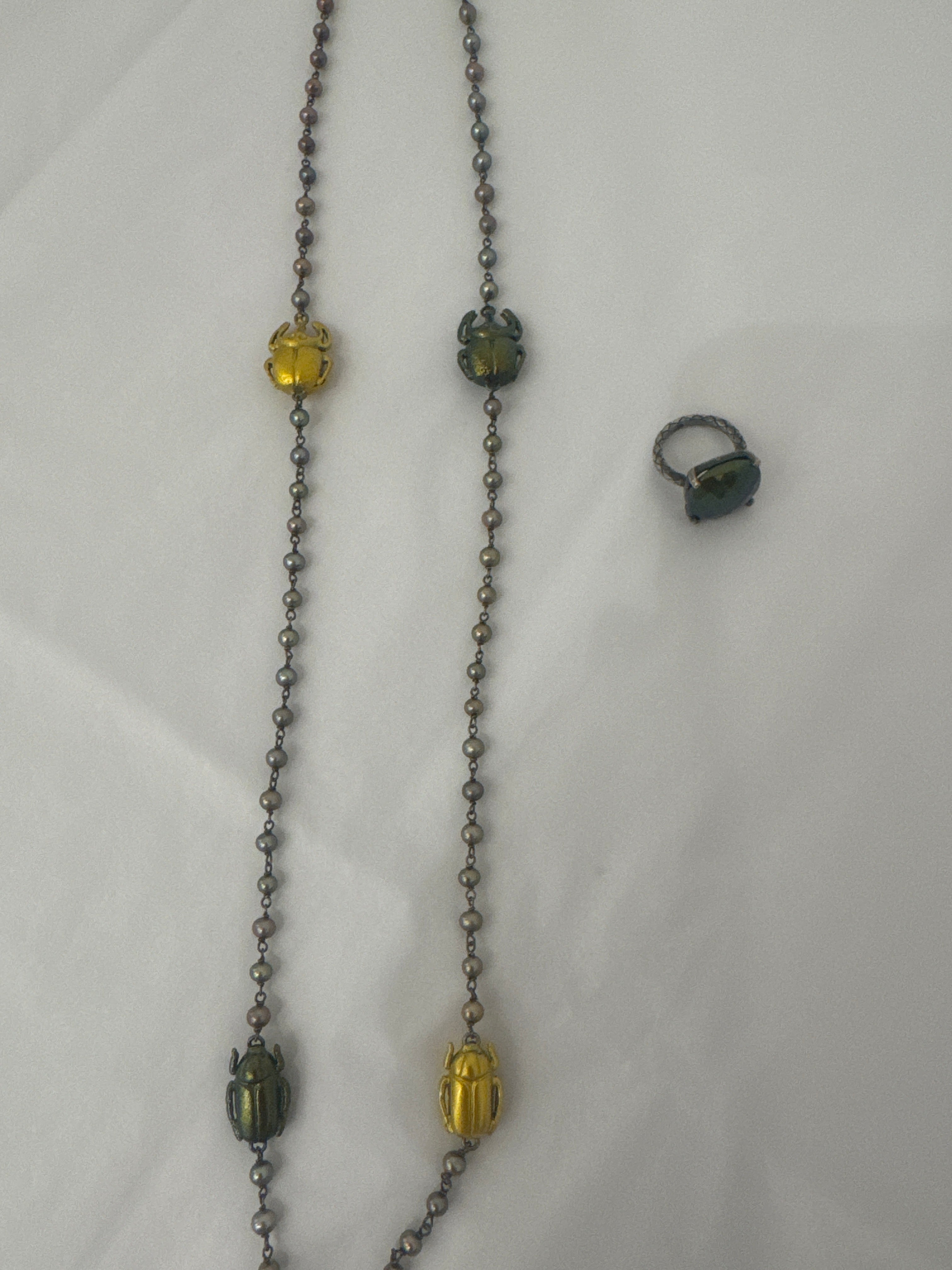 Rare Tomas Maier Scarab Necklace with Fresh Water Pearls and Gold Plating + Ring