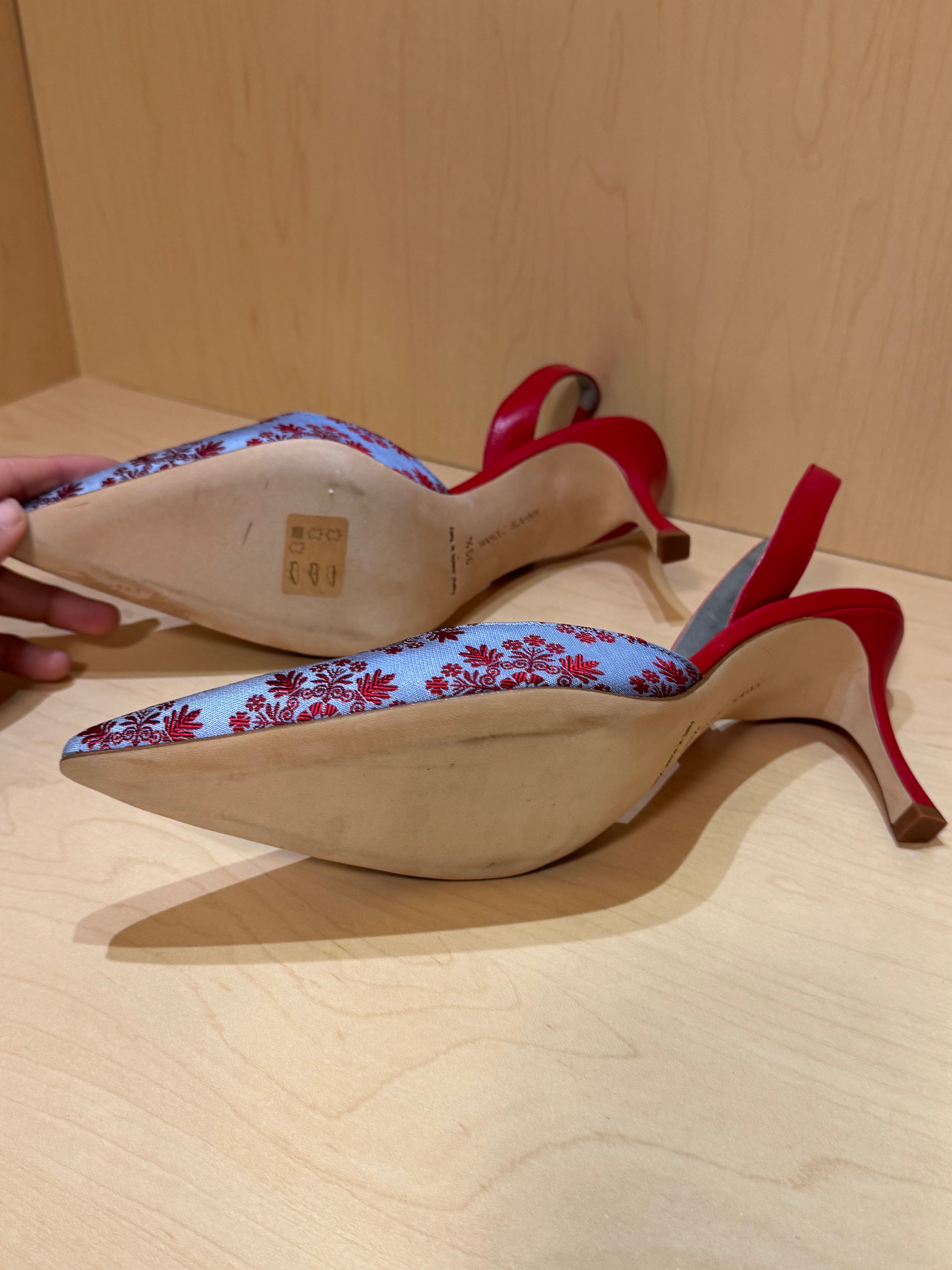 Baby Blue and Red Brocade Sling Back (39.5)
