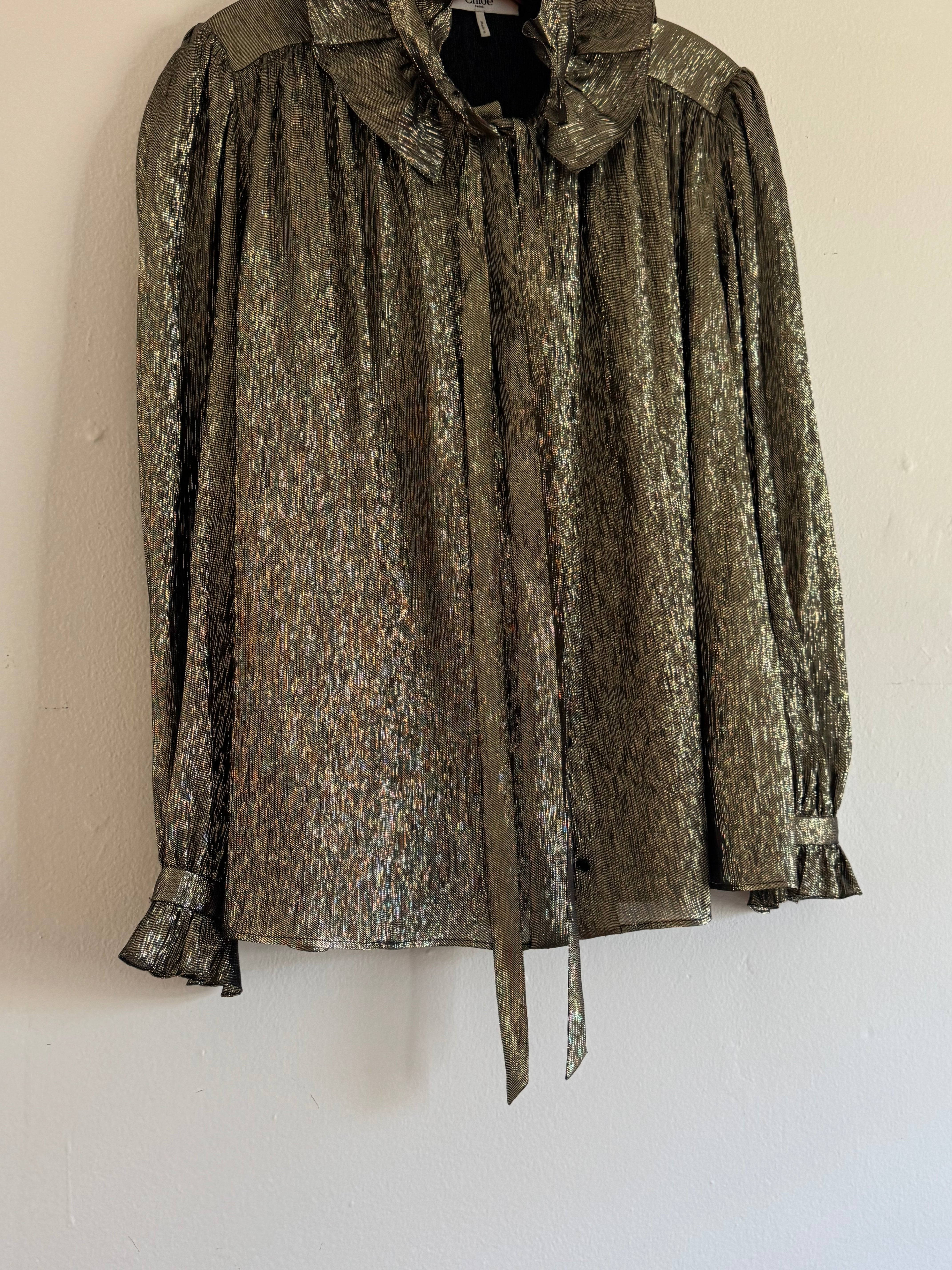Metallic Ruffle Neck Shirt with Bow