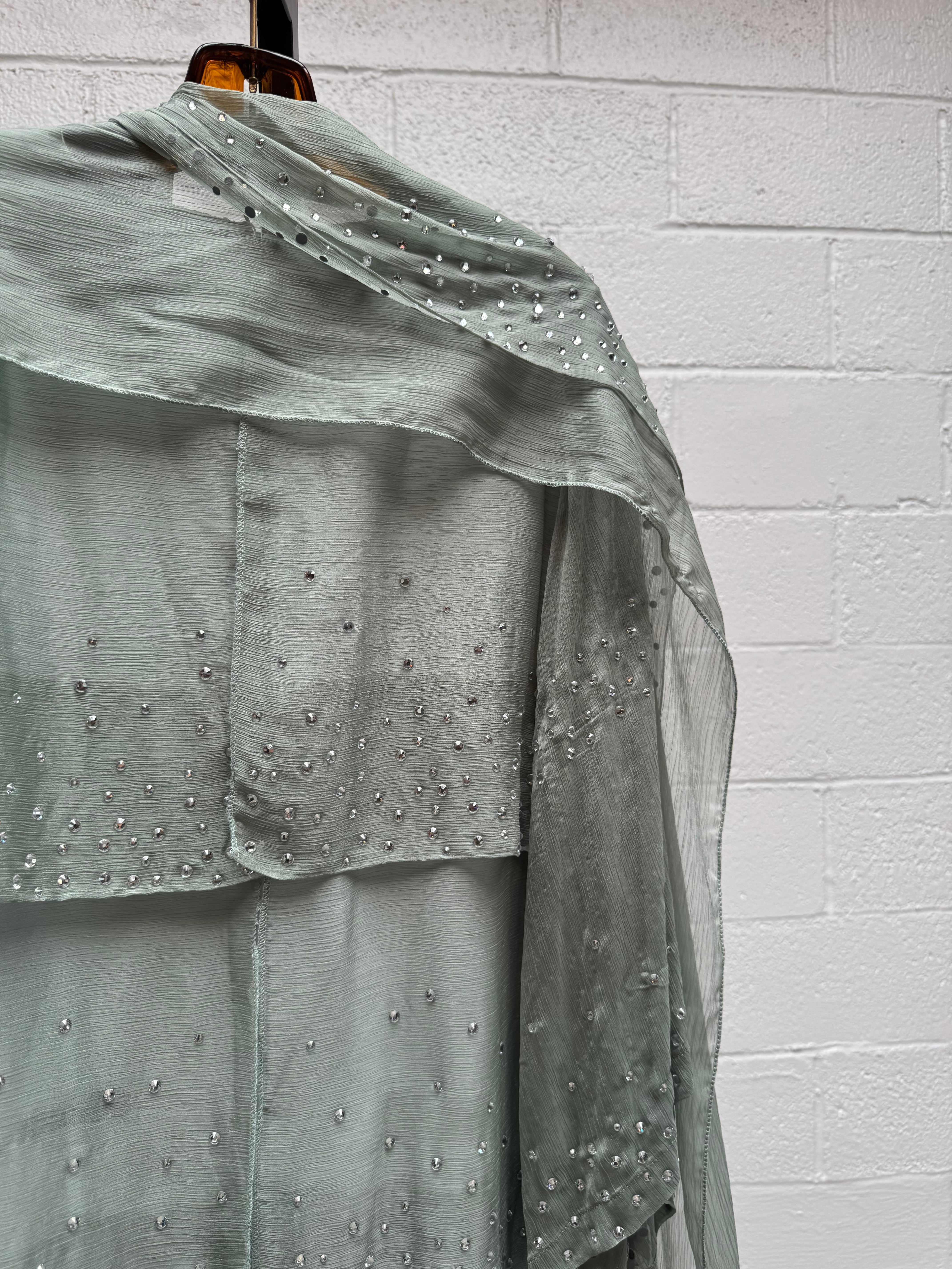 Soft Green Ruffle Dress with Rhinestones and scarf