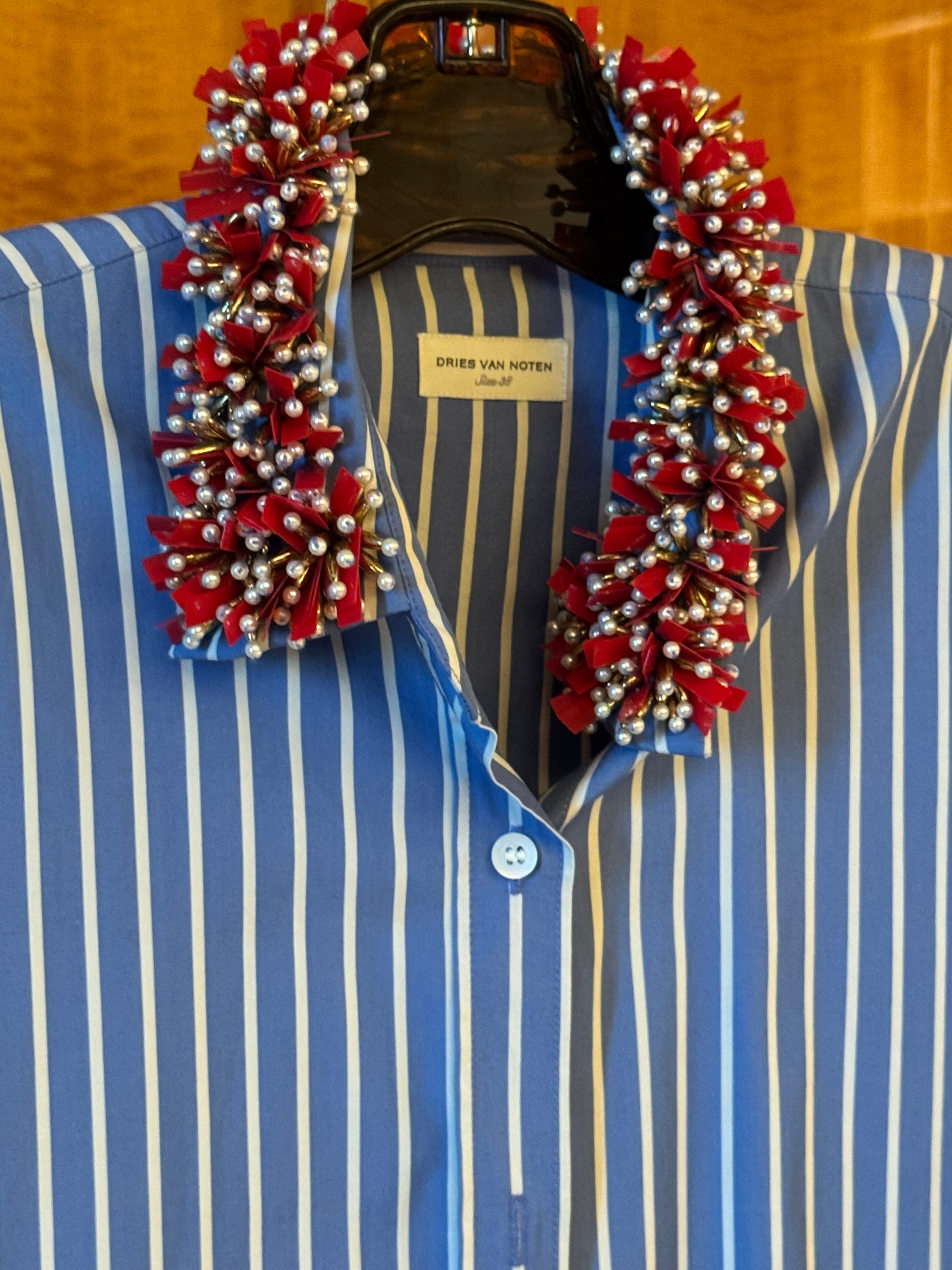 Blue Striped Front tie Shirt with Red Beading