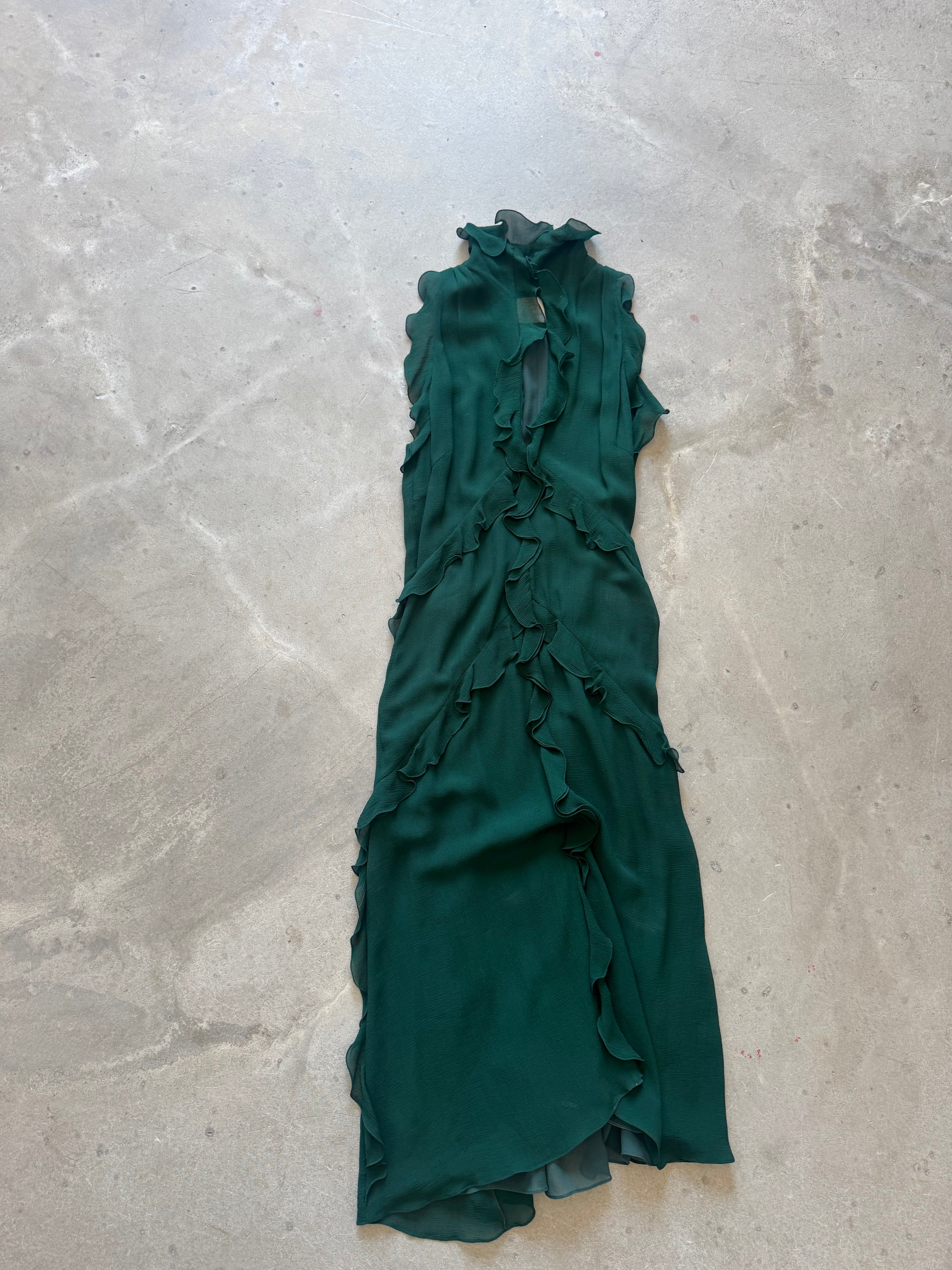 Vintage Forest Green Chiffon Ruffle Dress