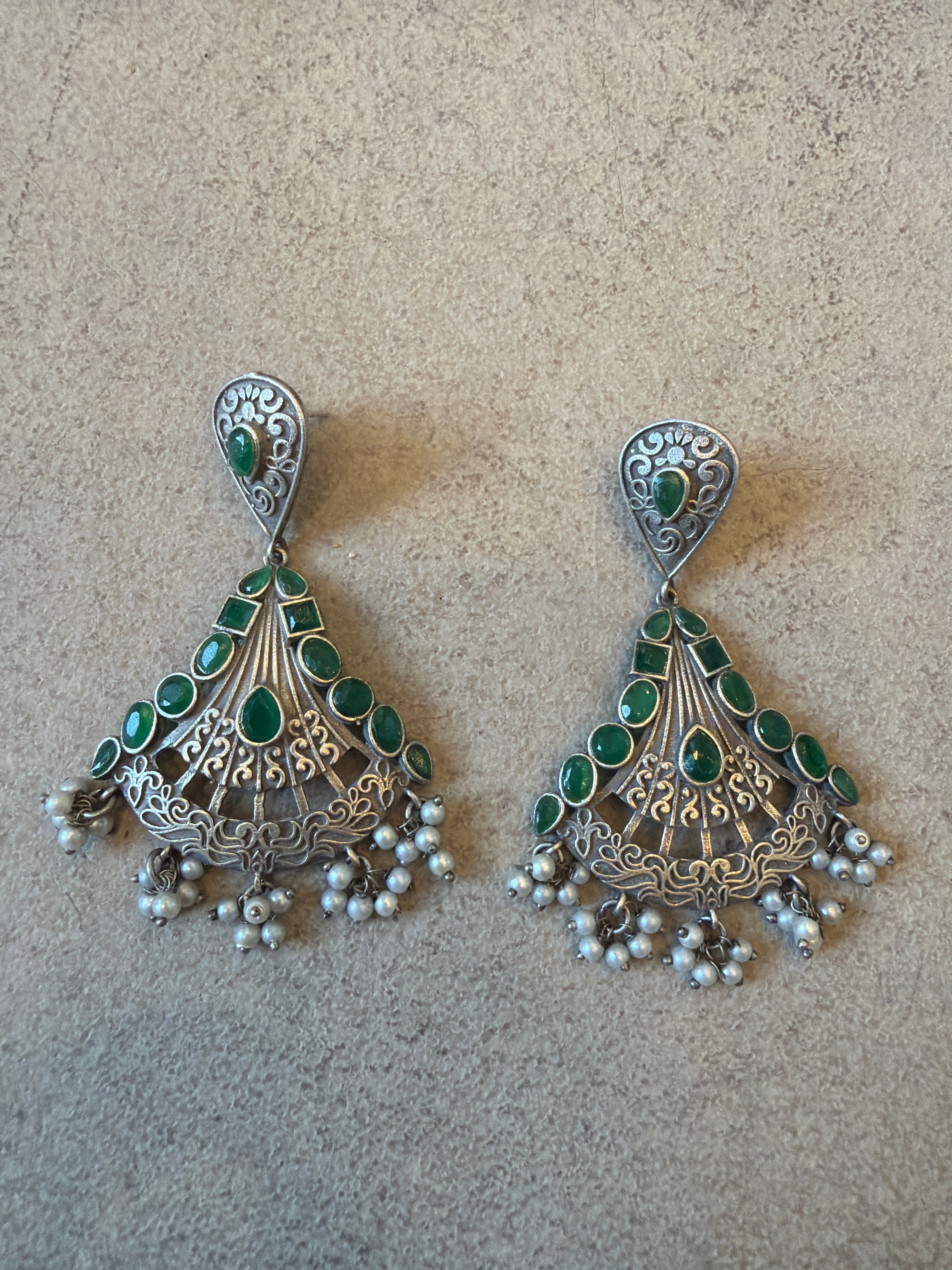 Handcrafted Silver & Green Stone Chandelier Earrings
