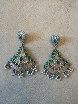 Handcrafted Silver & Green Stone Chandelier Earrings
