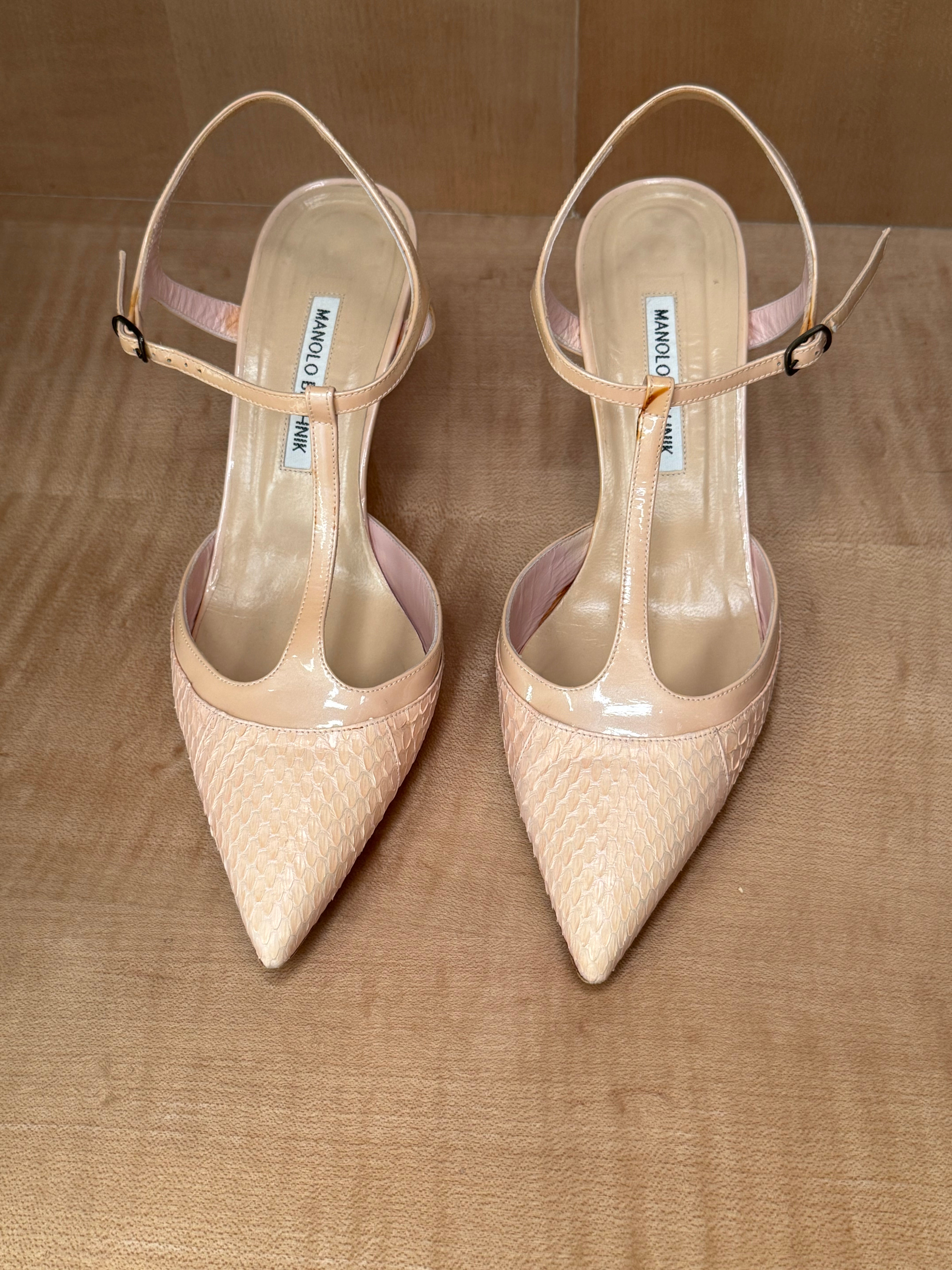 Blush Snakeskin-Embossed T-Strap Heels (39.5)