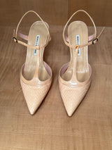 Blush Snakeskin-Embossed T-Strap Heels (39.5)