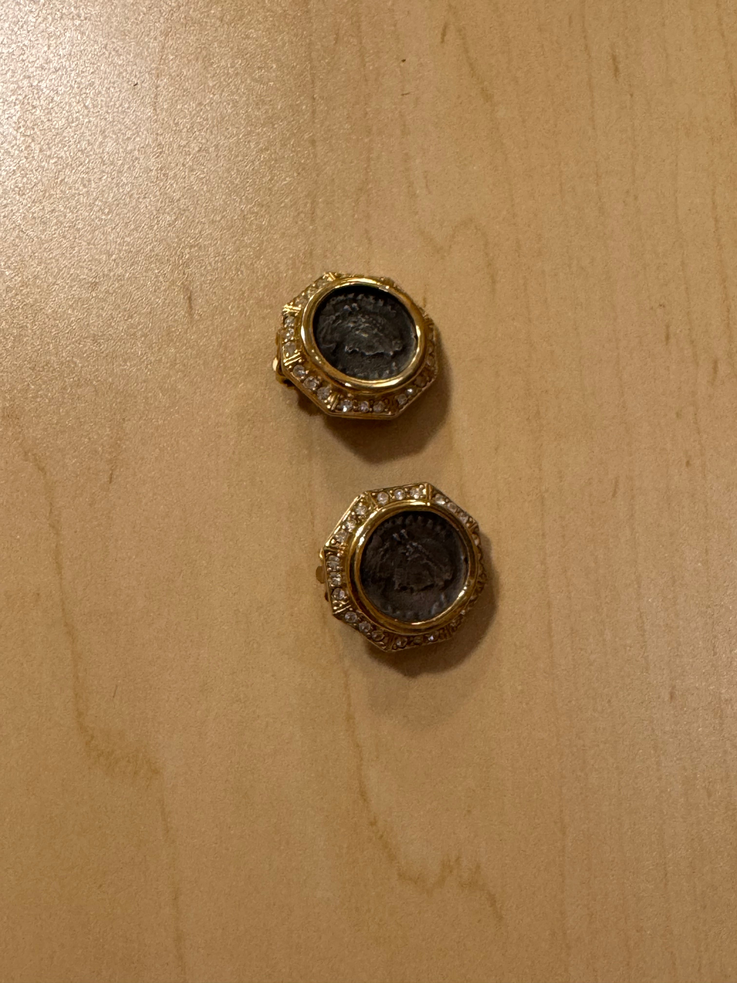 Ancient Coin and Rhinestone Clip Earrings