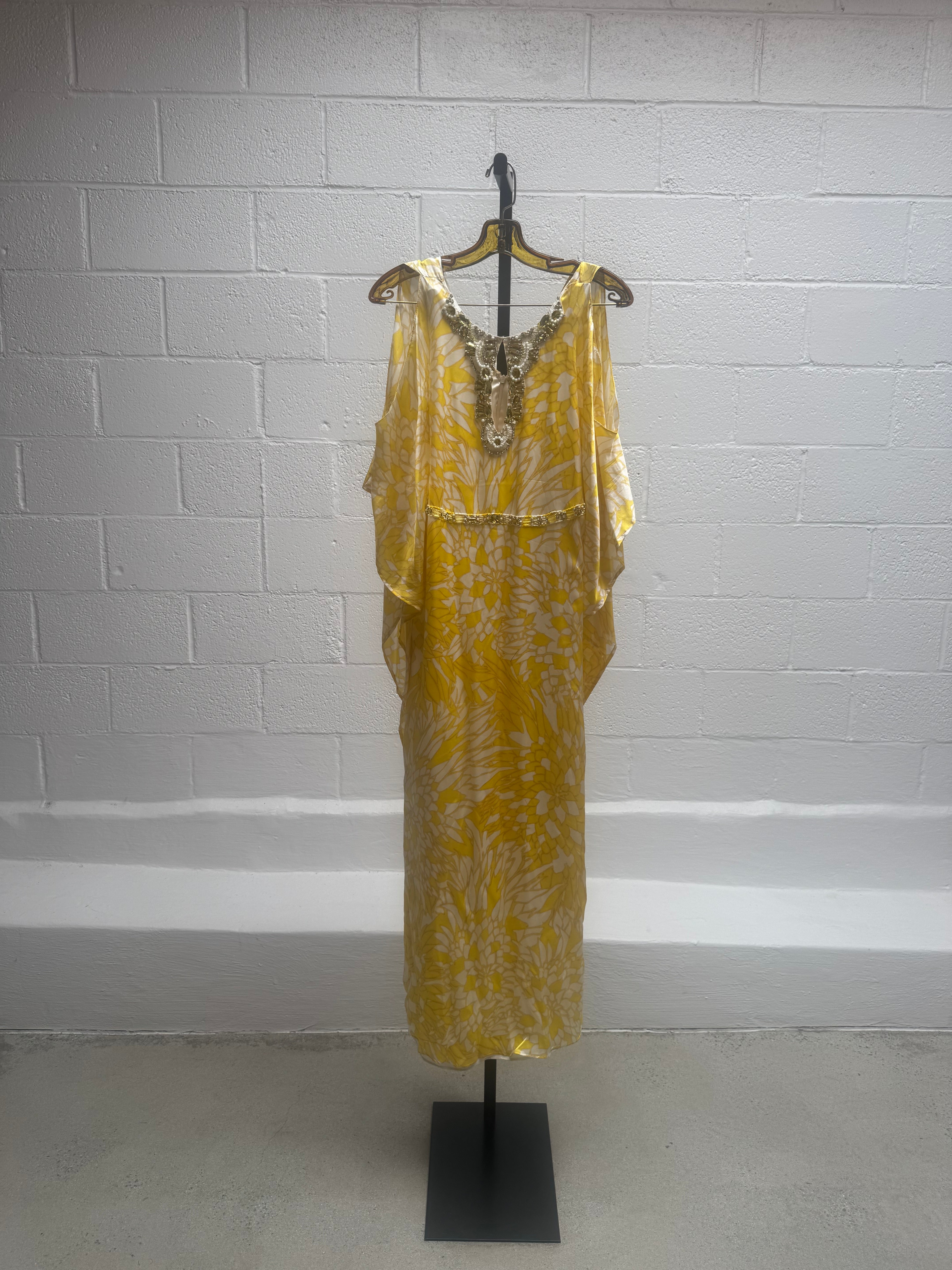 Yellow and White Silk Caftan with Crystals