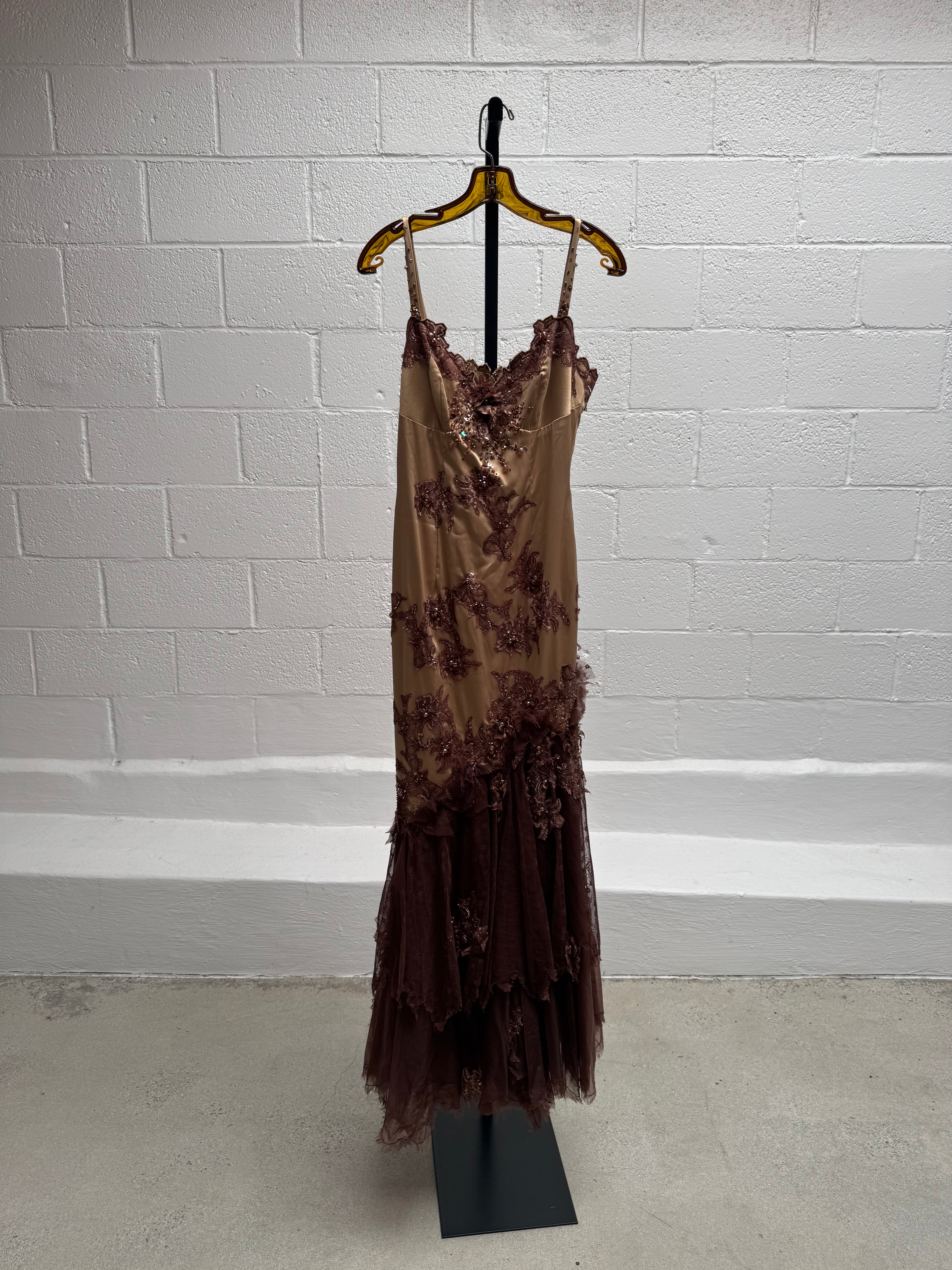 Bronze Dress with floral beading and Chiffon Train