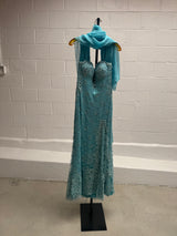 Blue Beaded Corseted Gown with Scarf