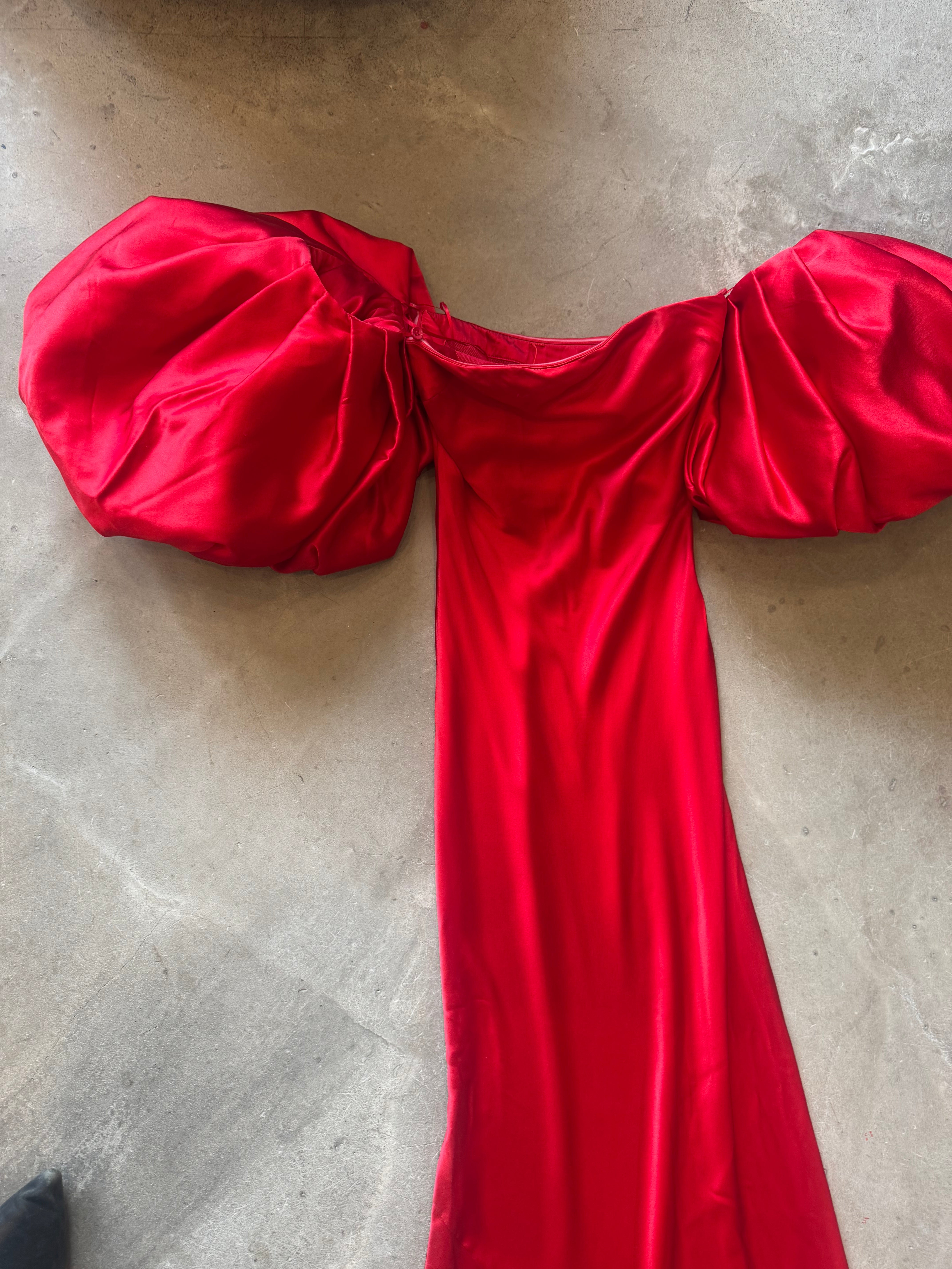 Liquid Red Dress with Pouf Sleeves