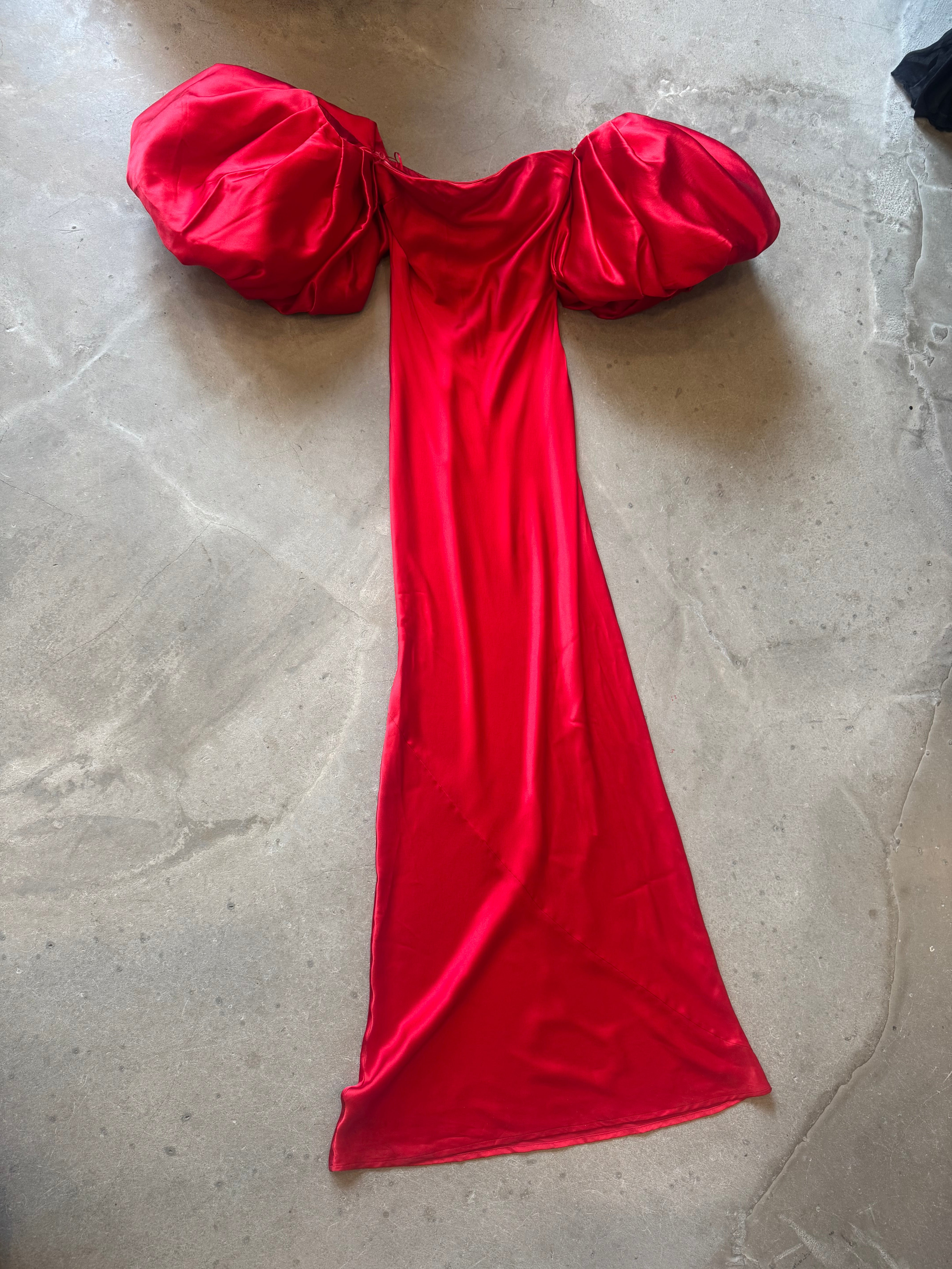 Liquid Red Dress with Pouf Sleeves