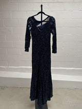 Blue Lace and Sequins Navy Gown with Cut Out Front