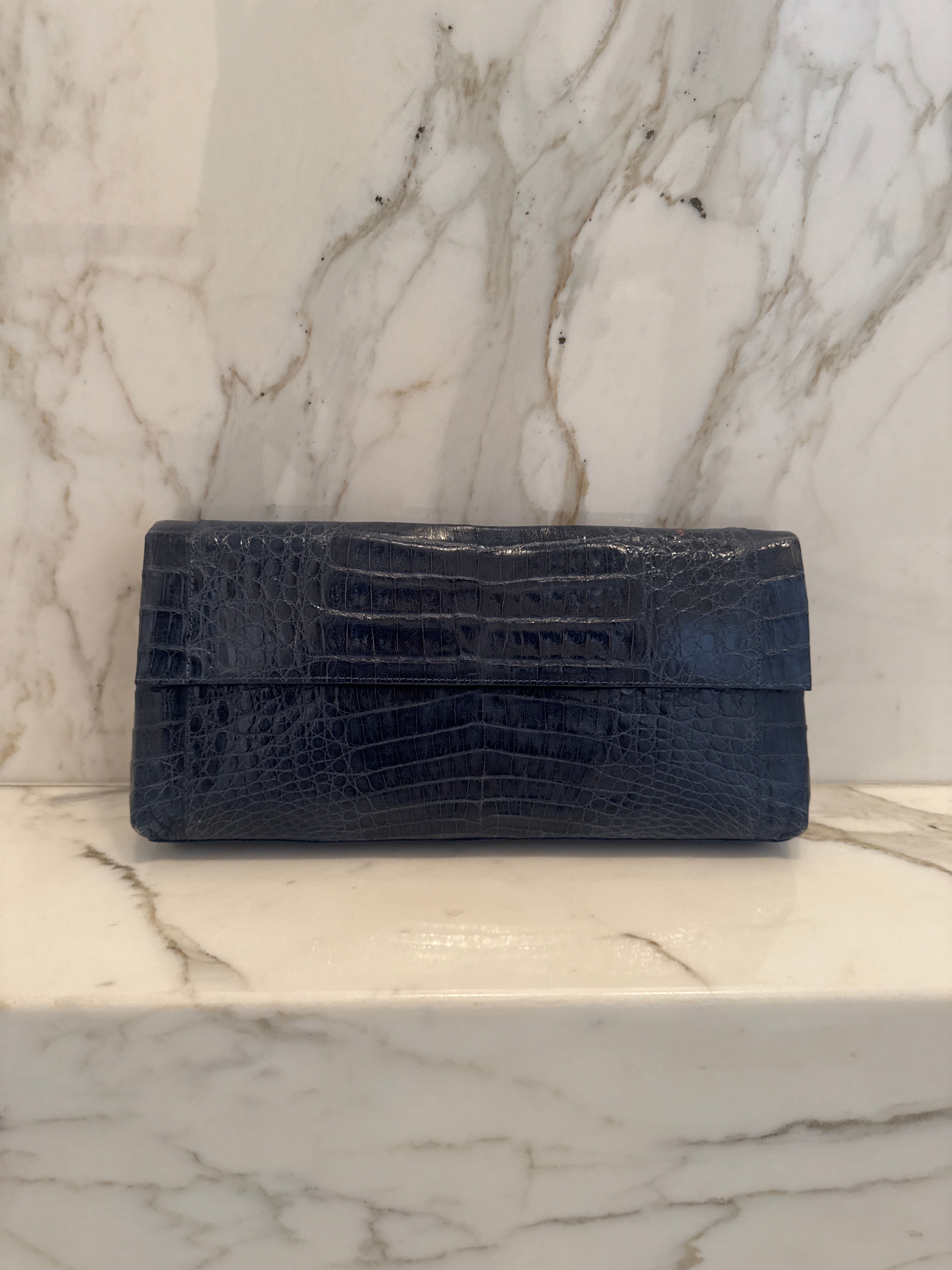 Navy Croc Clutch