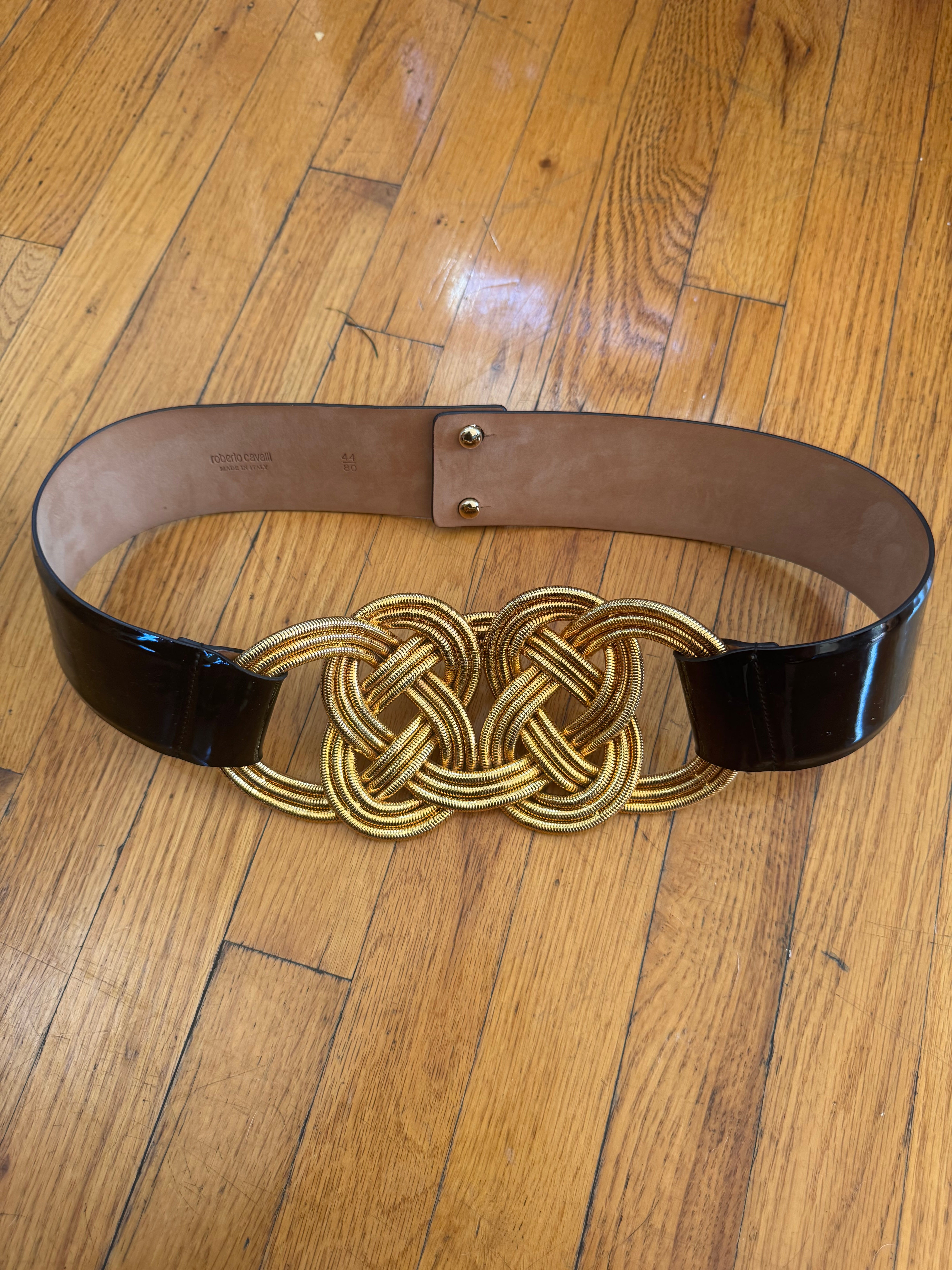 Black patent belt with gold detailing