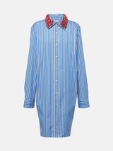 Blue Striped Front tie Shirt with Red Beading