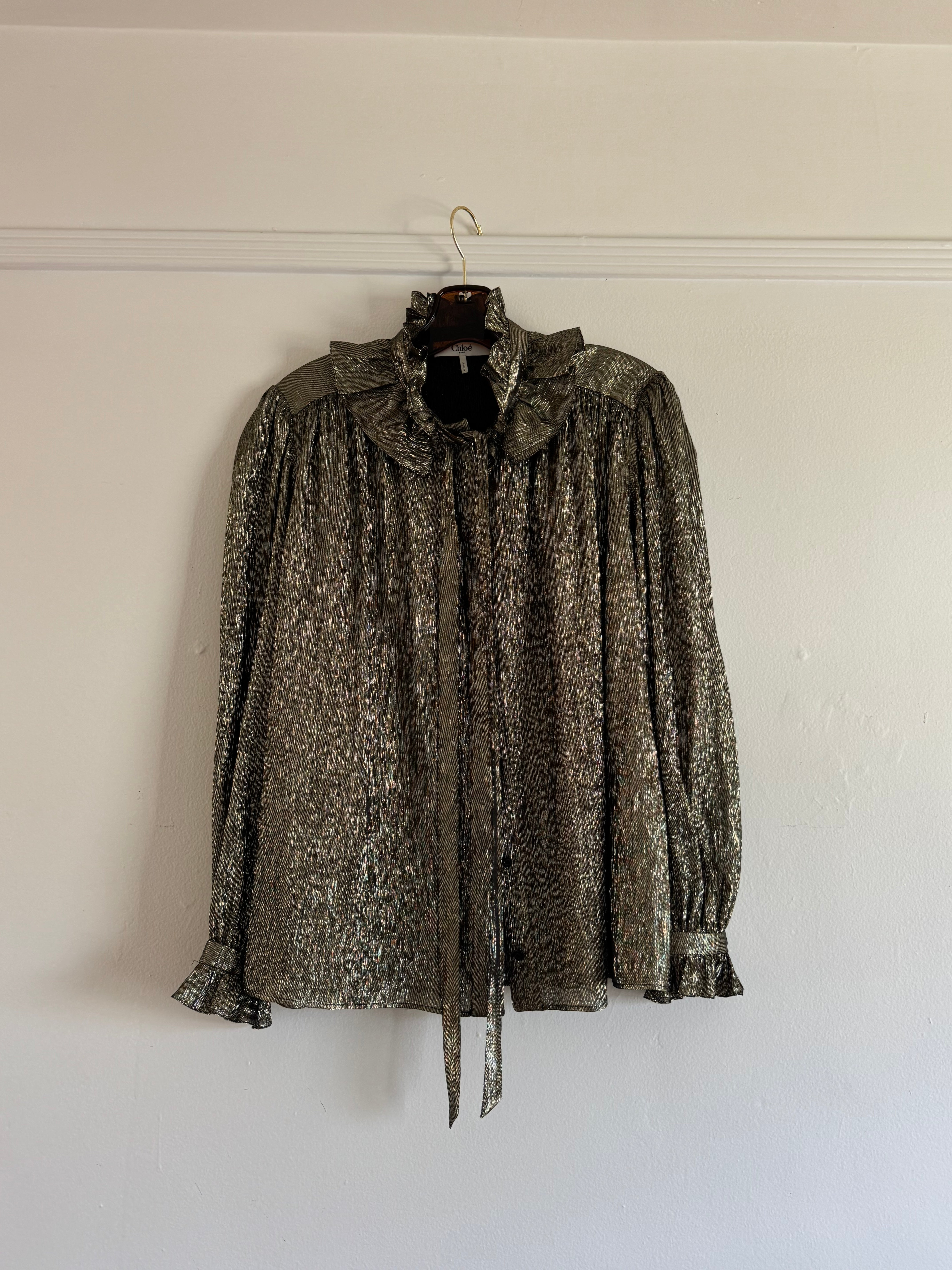 Metallic Ruffle Neck Shirt with Bow