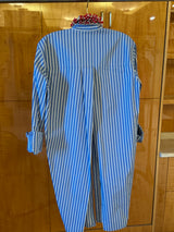Blue Striped Front tie Shirt with Red Beading