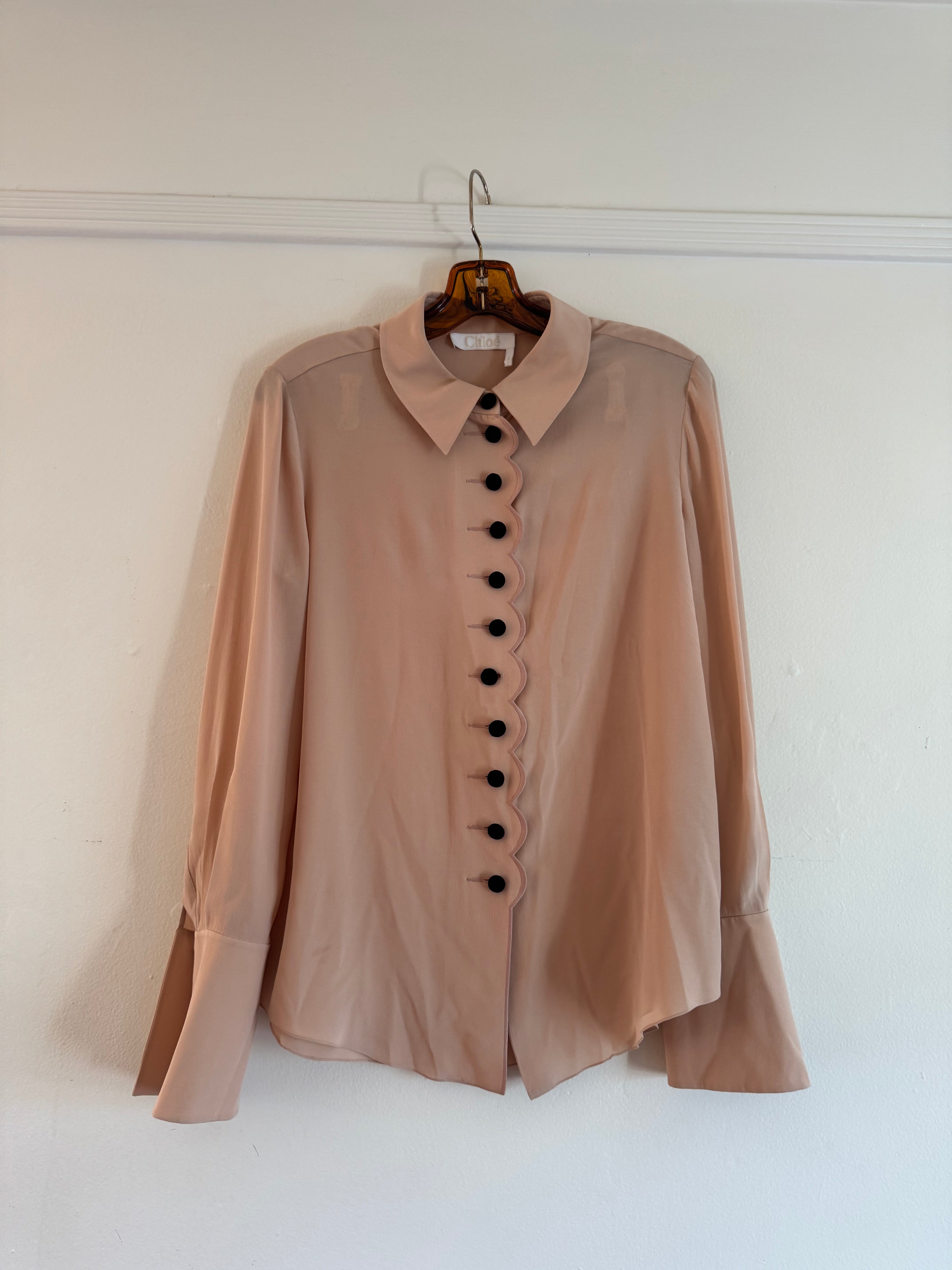 Peach Blouse with black velvet buttons
