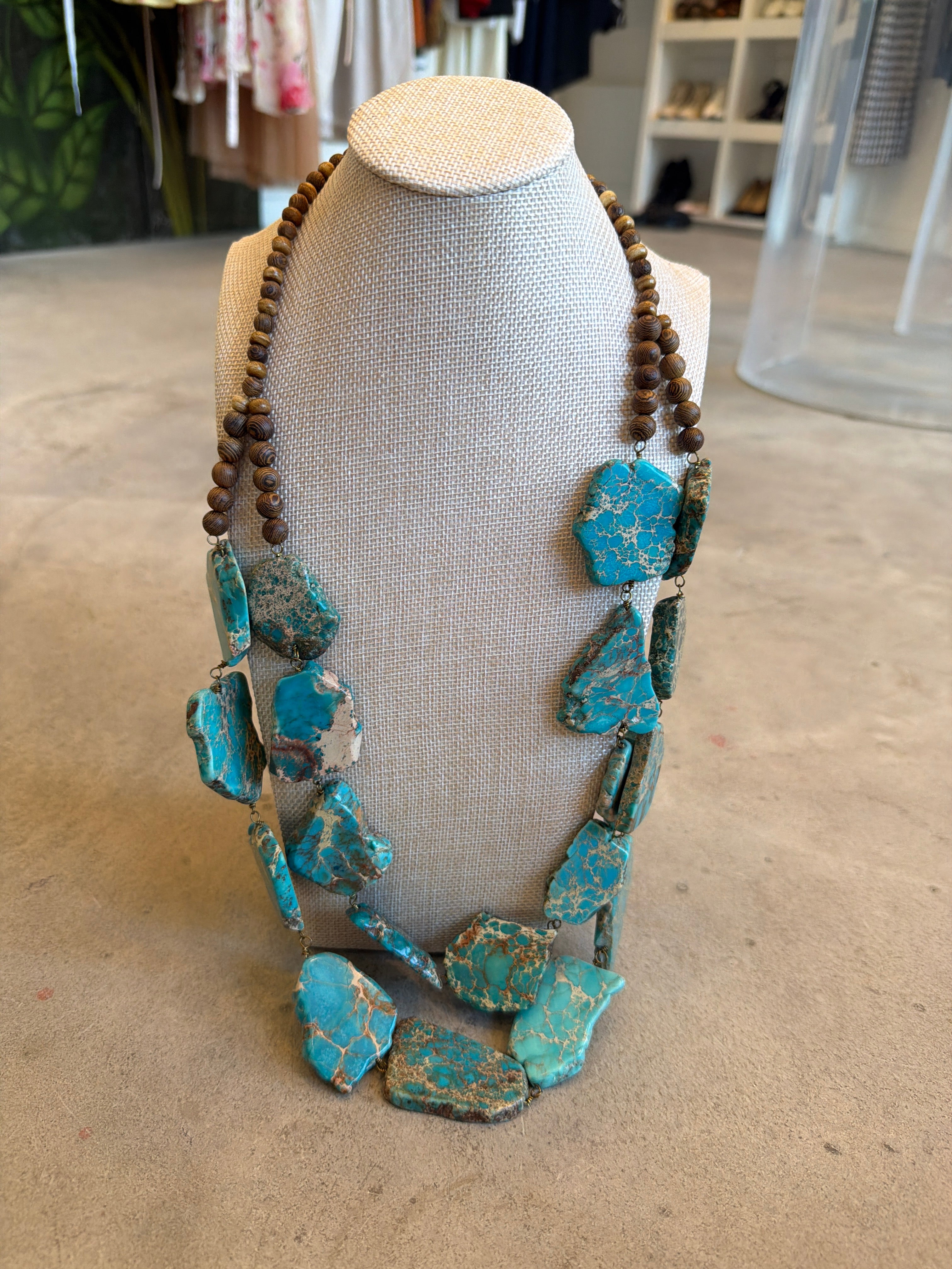 Turquoise Jasper Statement Necklace with Wood Beads