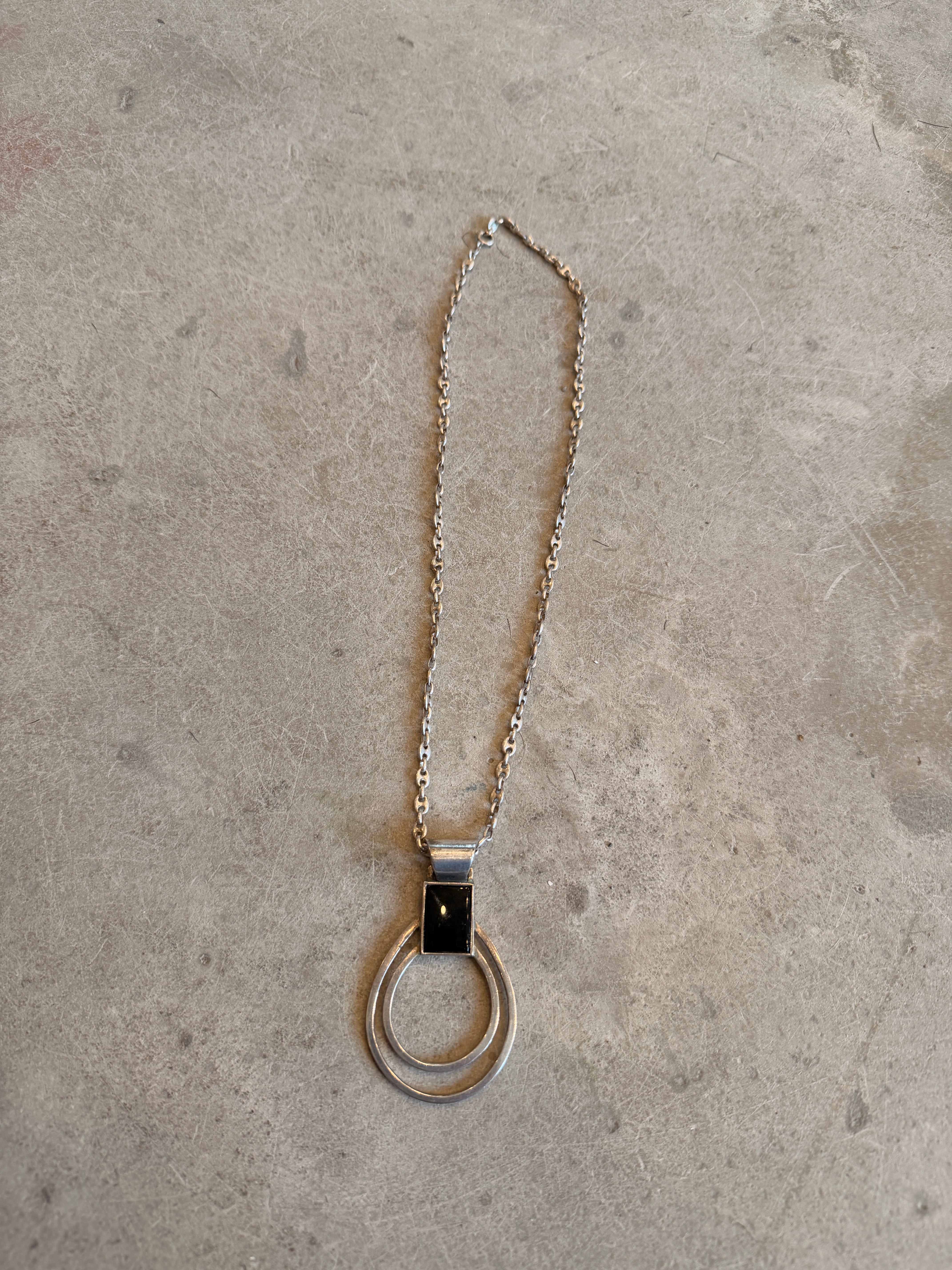 Double Circle Pendant with Black Onyx on Oval Link Chain
